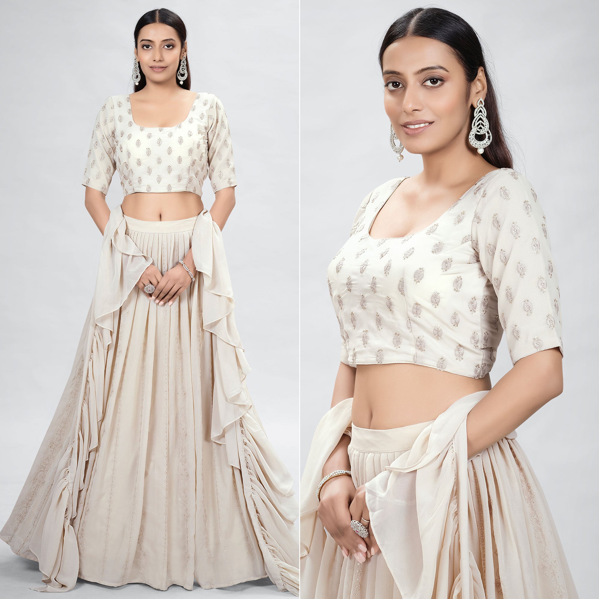 Beige Embroidered Georgette Lehenga Choli