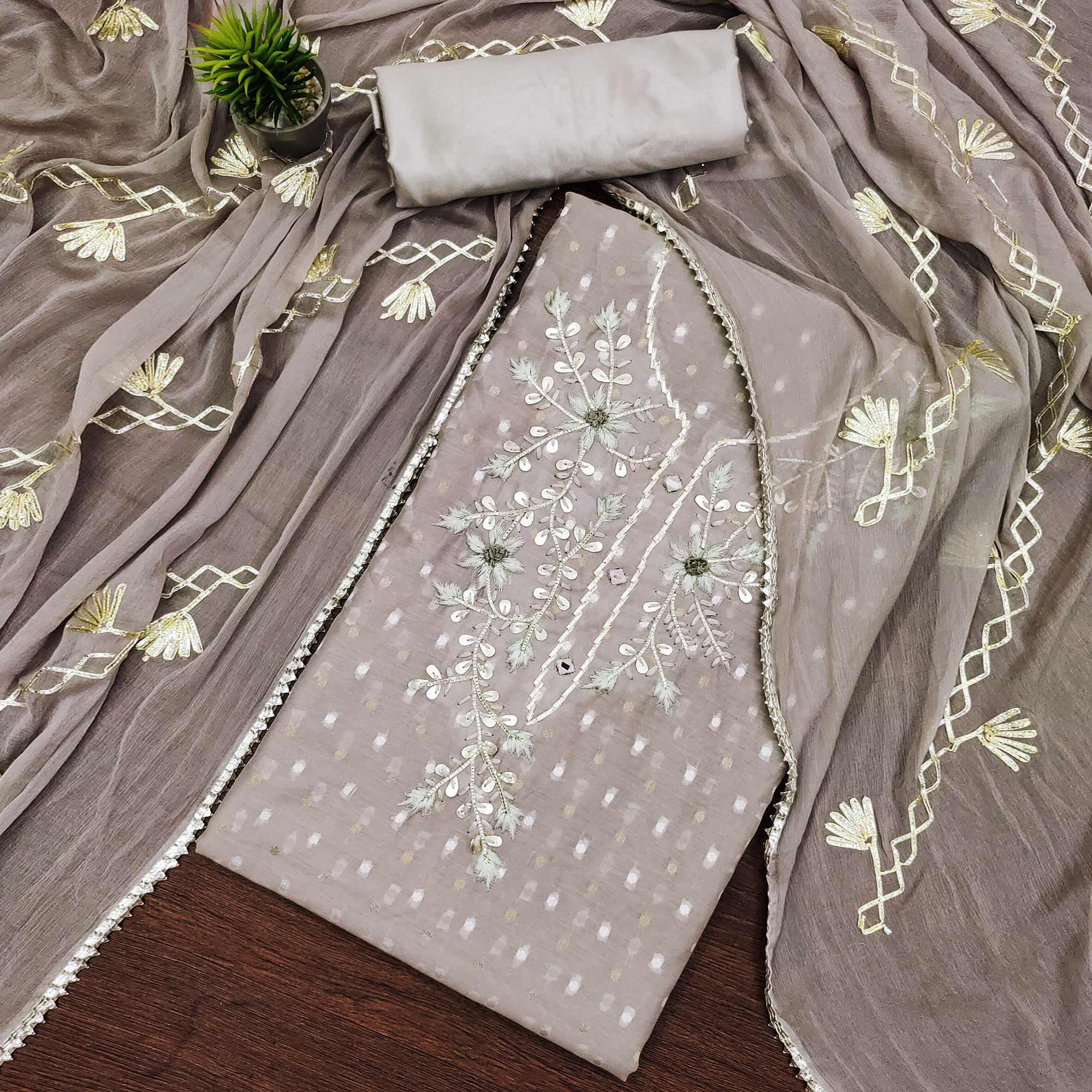 Grey Woven Chanderi Dress Material