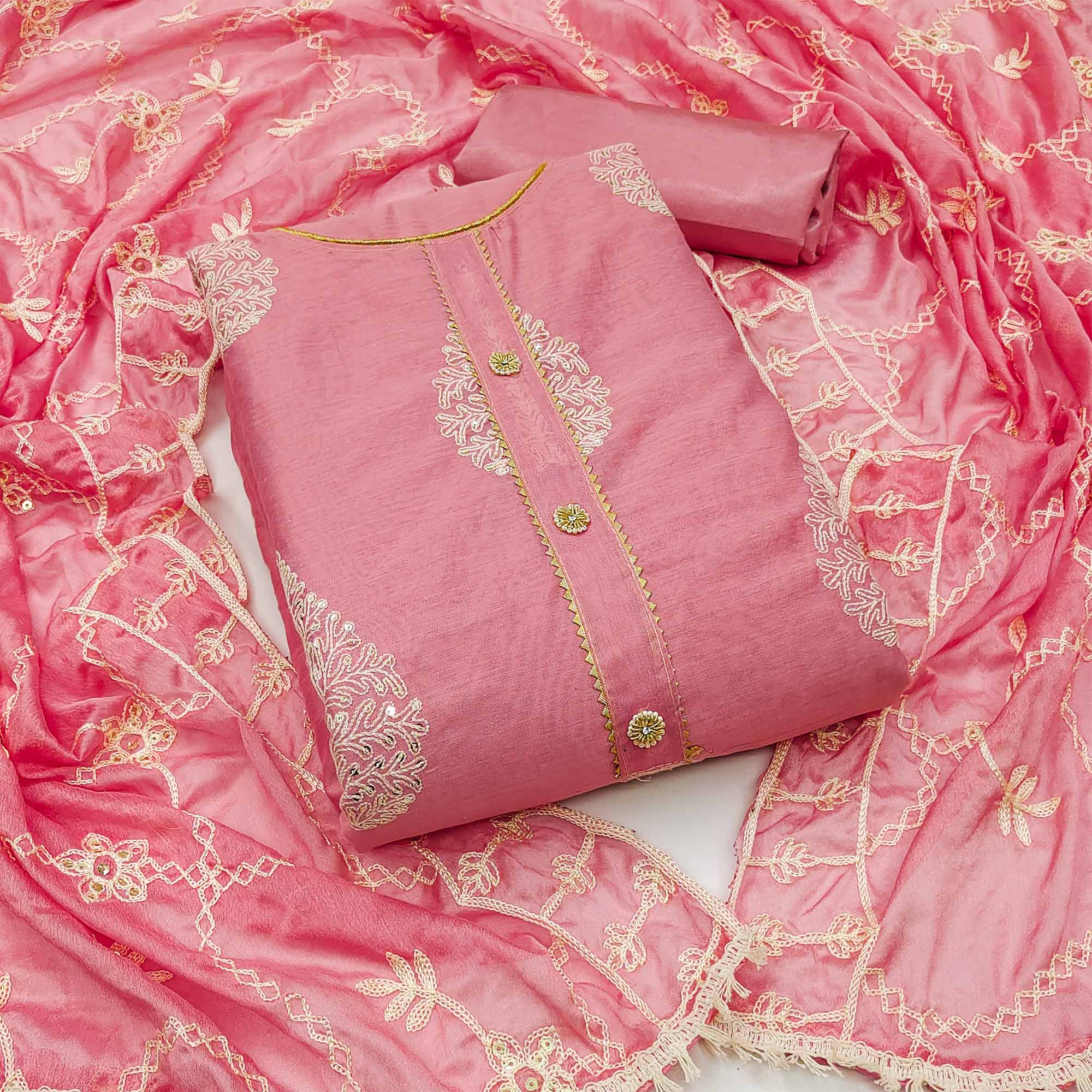 Pink Embroidered Chanderi Dress Material