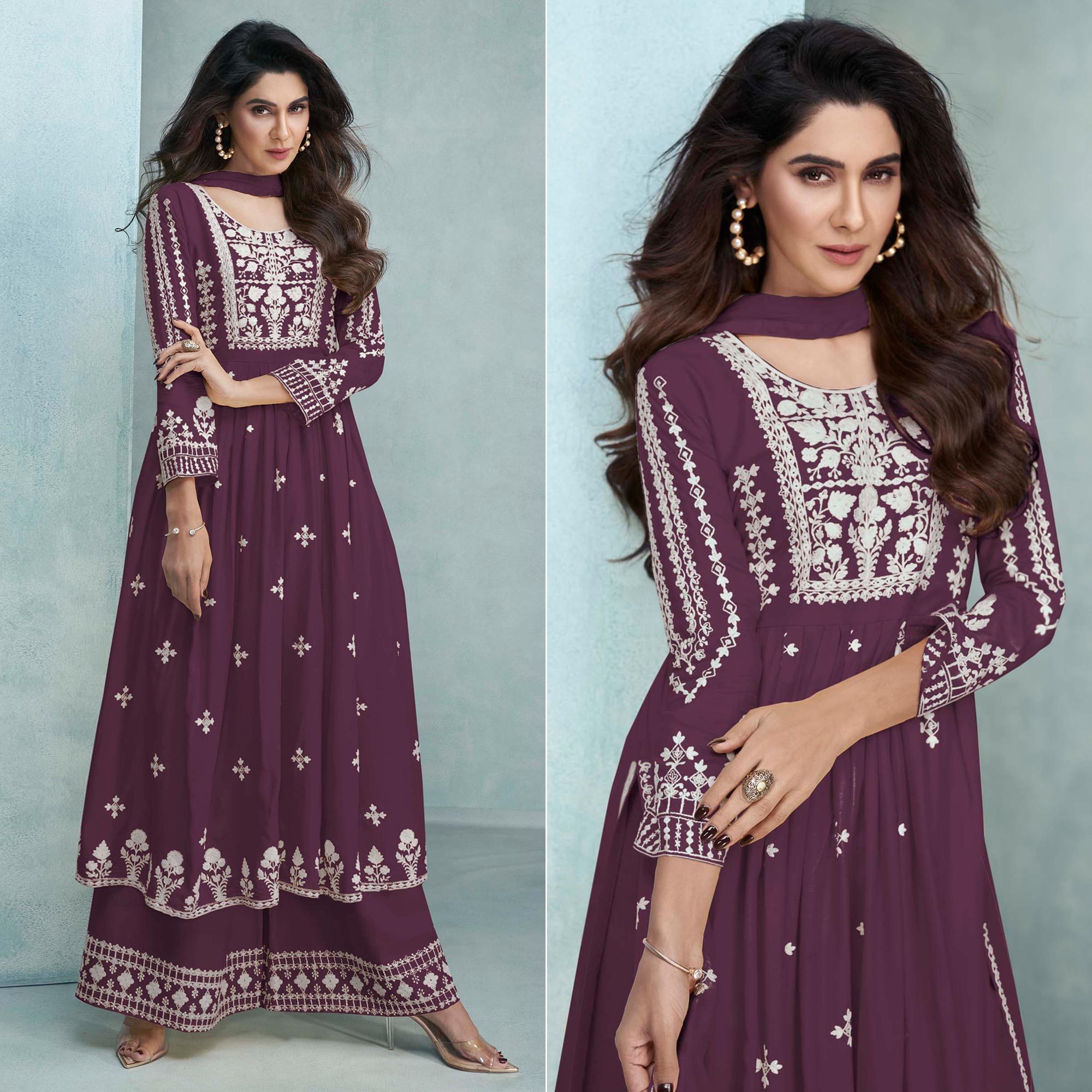 Purple Lucknowi Embroidered Rayon Palazzo Suit