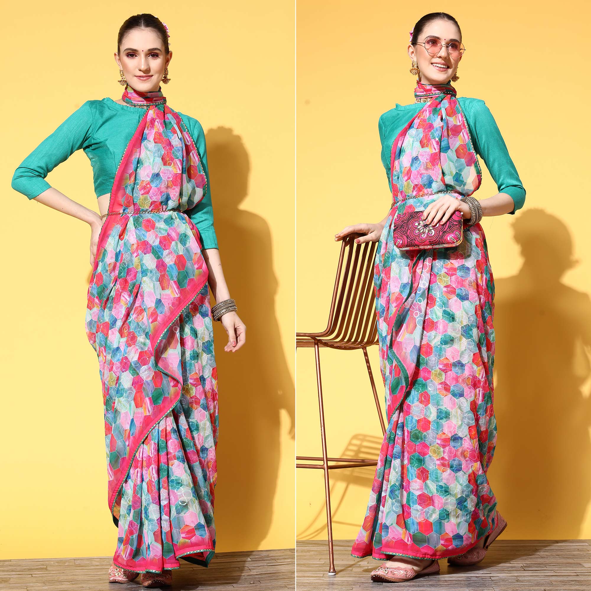 Multicolored Geometric Printed Georgette Saree