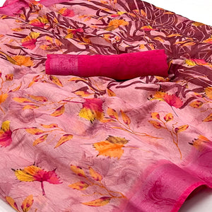 Pink Floral Printed Linen Saree