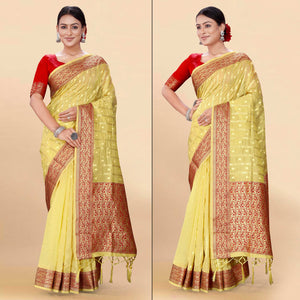 Yellow Woven Organza Saree With Tassels