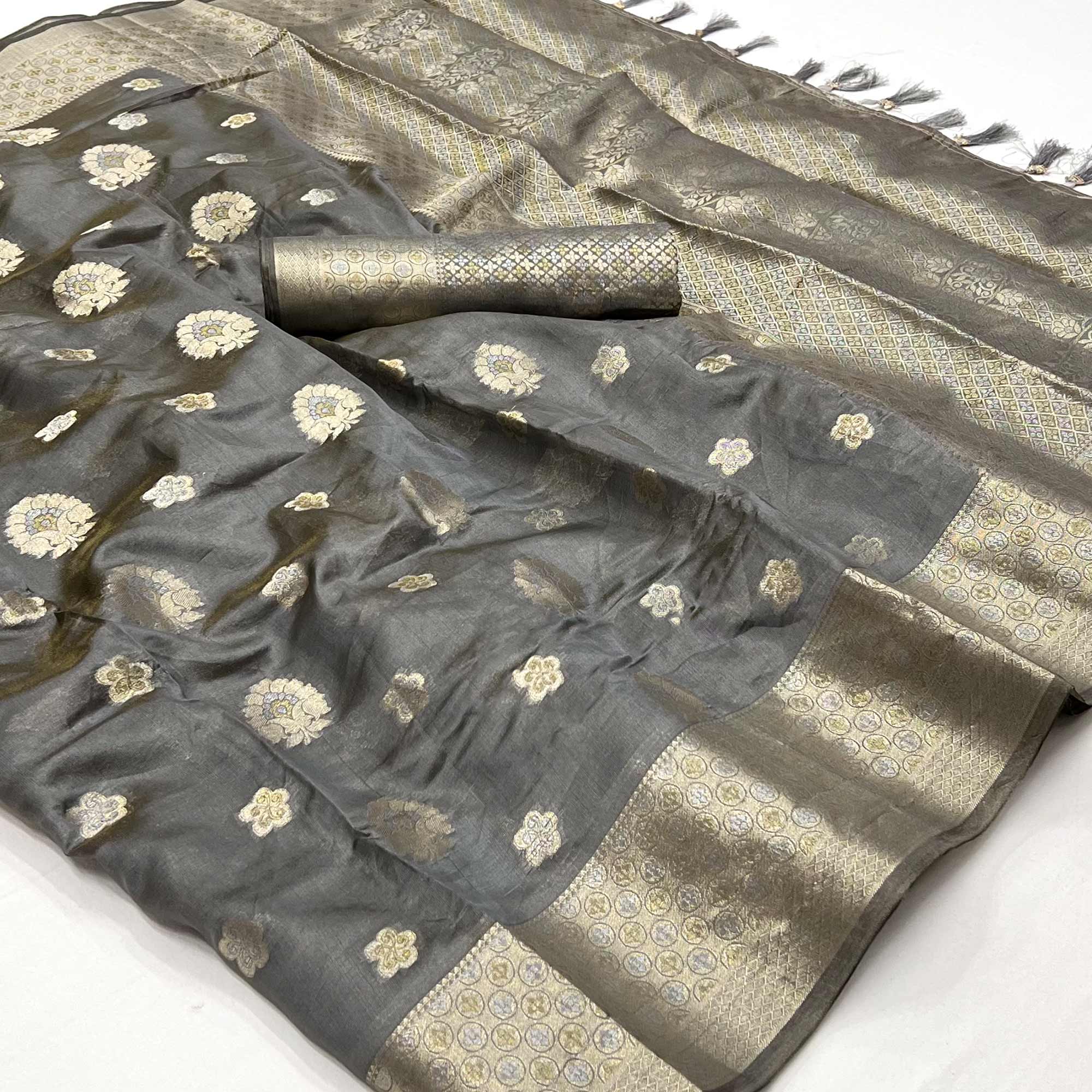 Grey Floral Woven Organza Saree