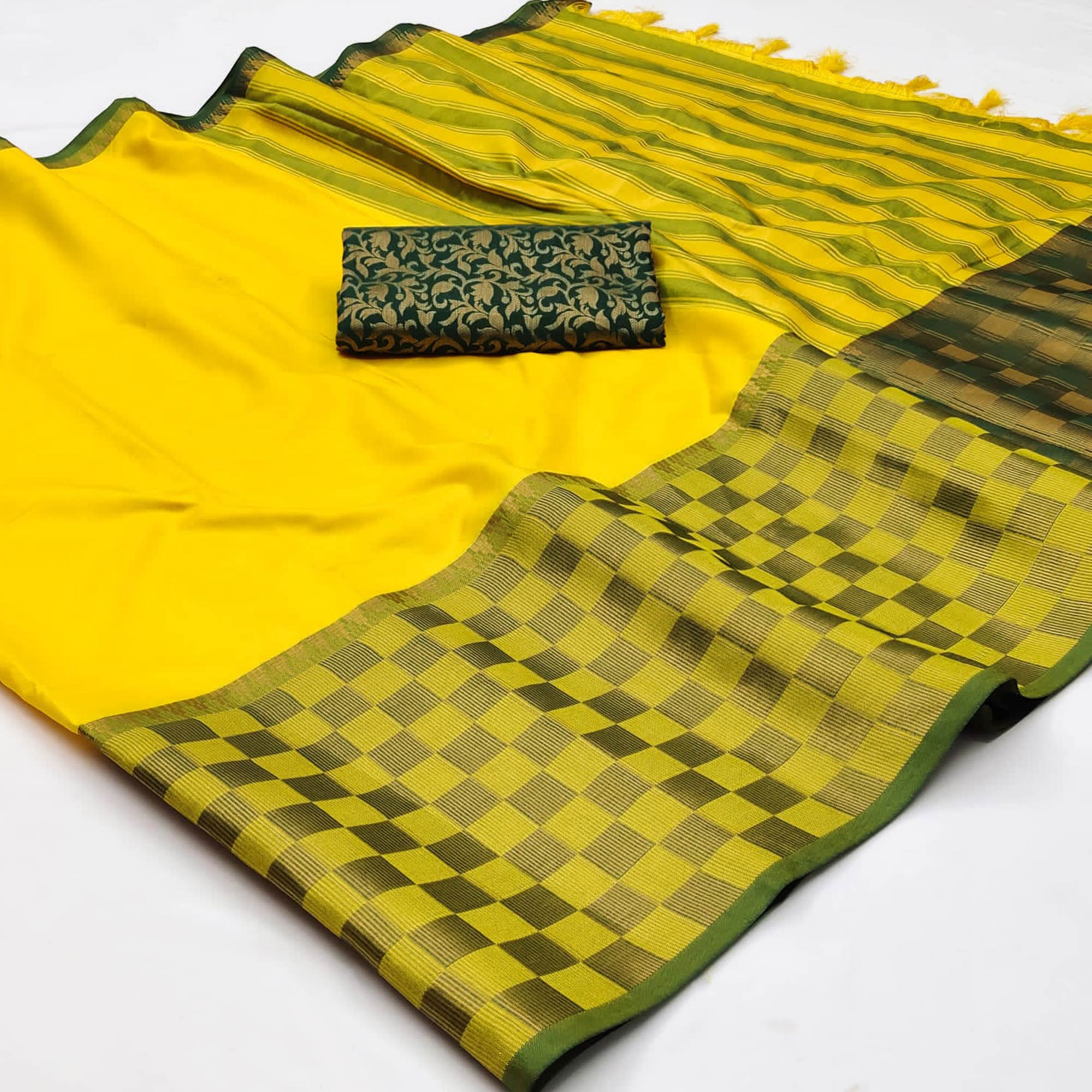 Yellow Woven Cotton Silk Saree With Tassels