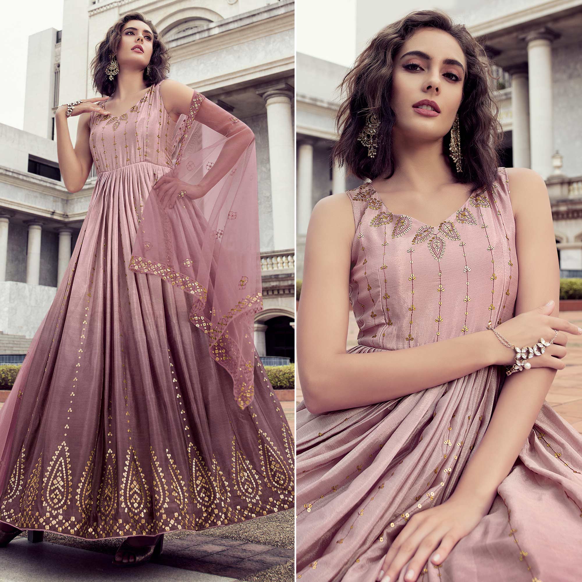 Dusty Pink Sequins Embroidered Chiffon Gown
