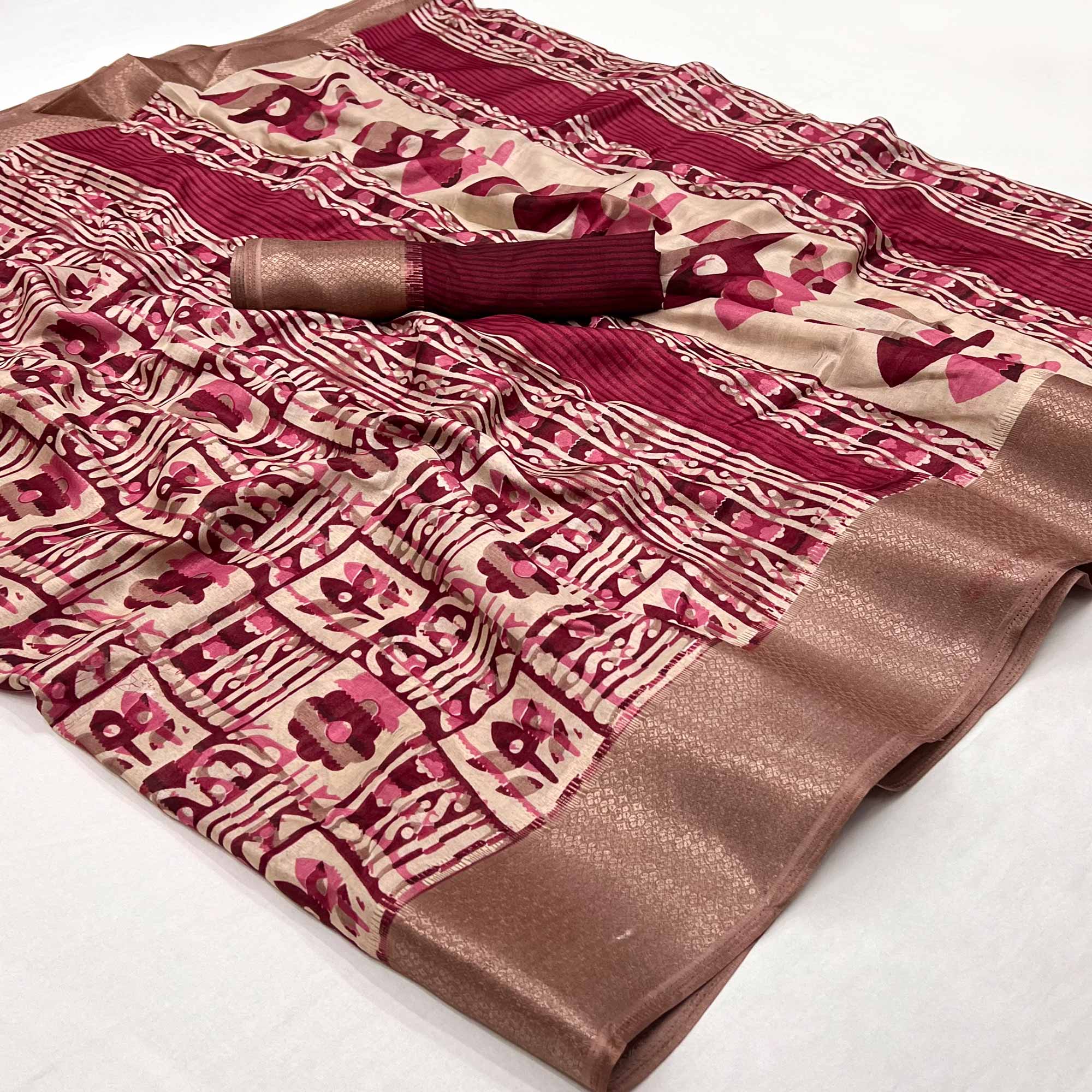 Maroon Printed With Woven Border Dola Silk Saree