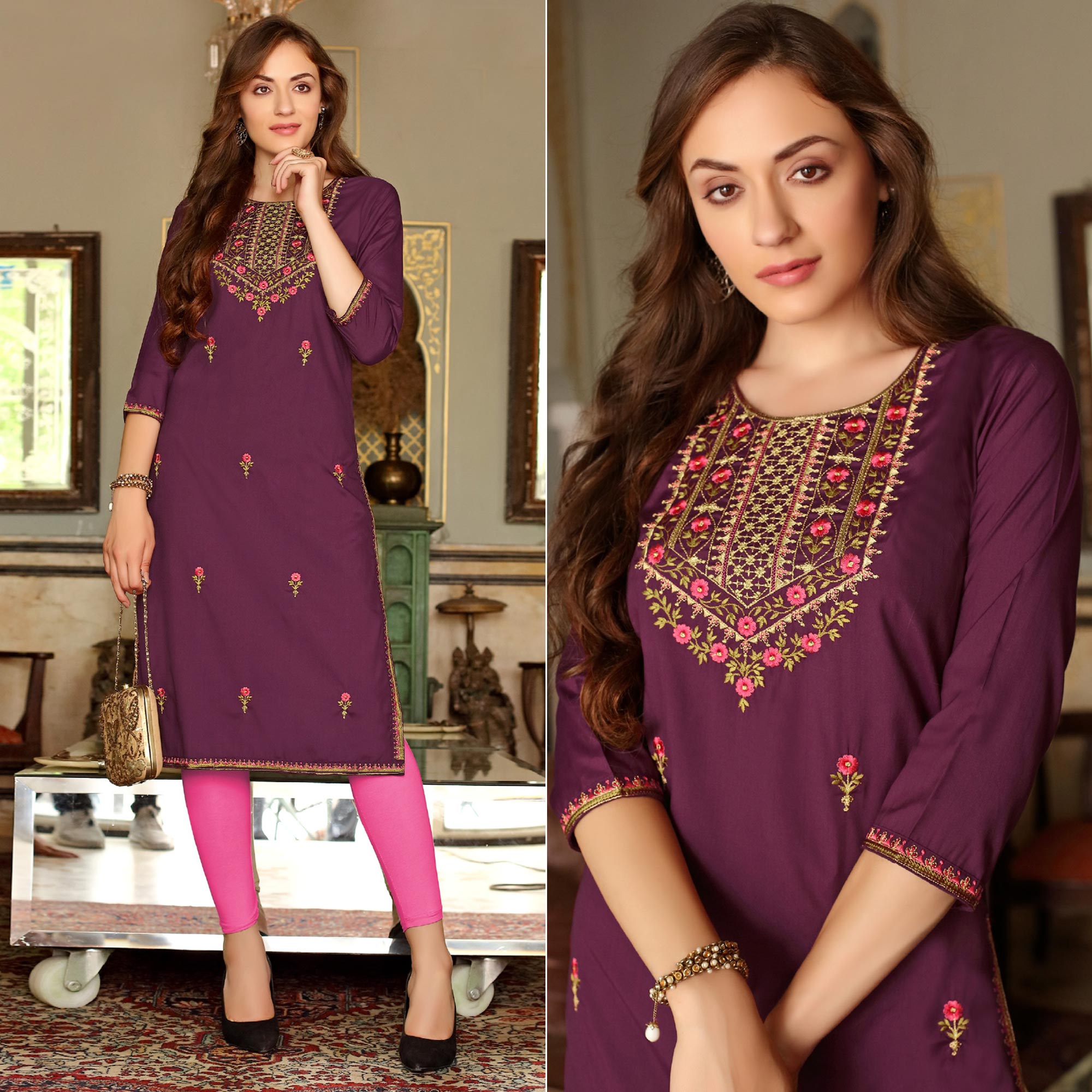 Purple Floral Embroidered Muslin Kurti