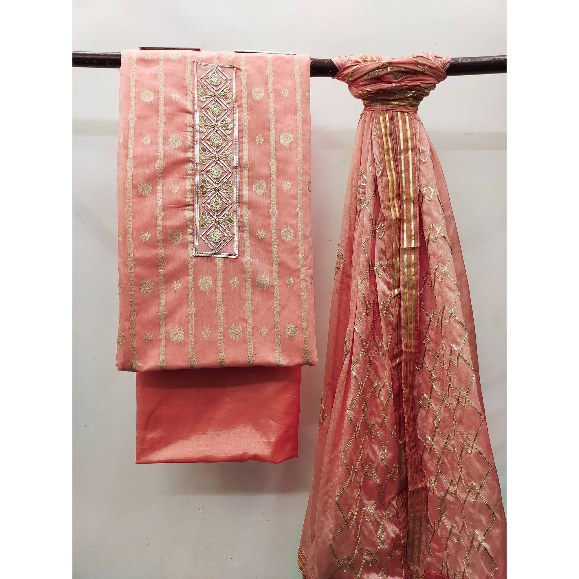 Peach Floral Woven Banarasi Silk Dress Material