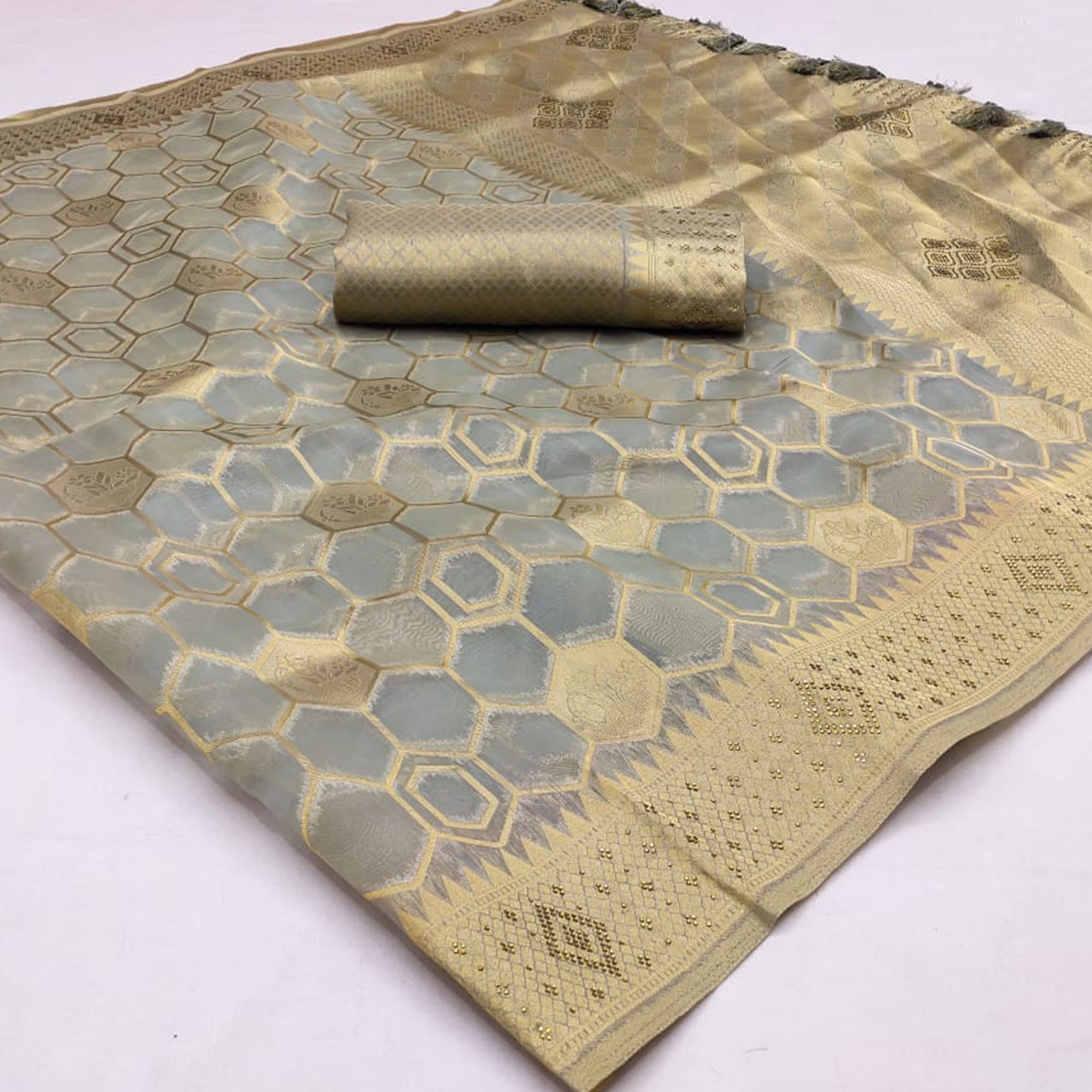 Grey Woven Art Silk Saree With Tassels