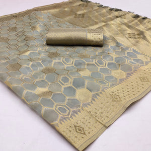 Grey Woven Art Silk Saree With Tassels