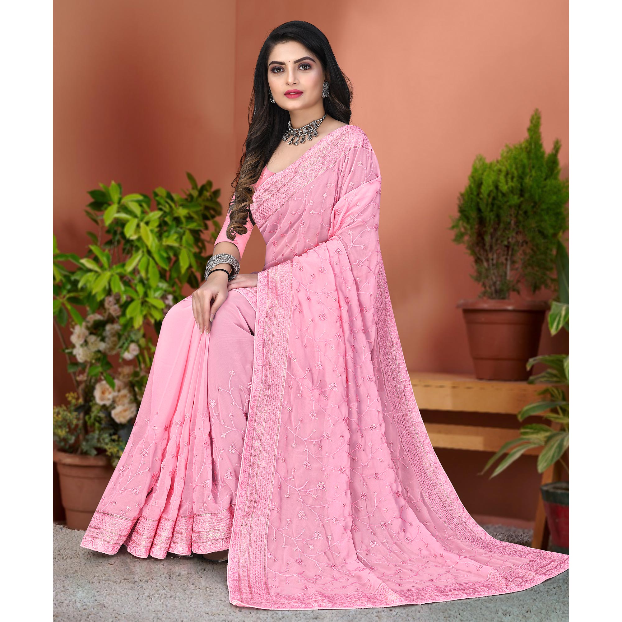 Light Pink Floral Sequins Embroidered Georgette Saree