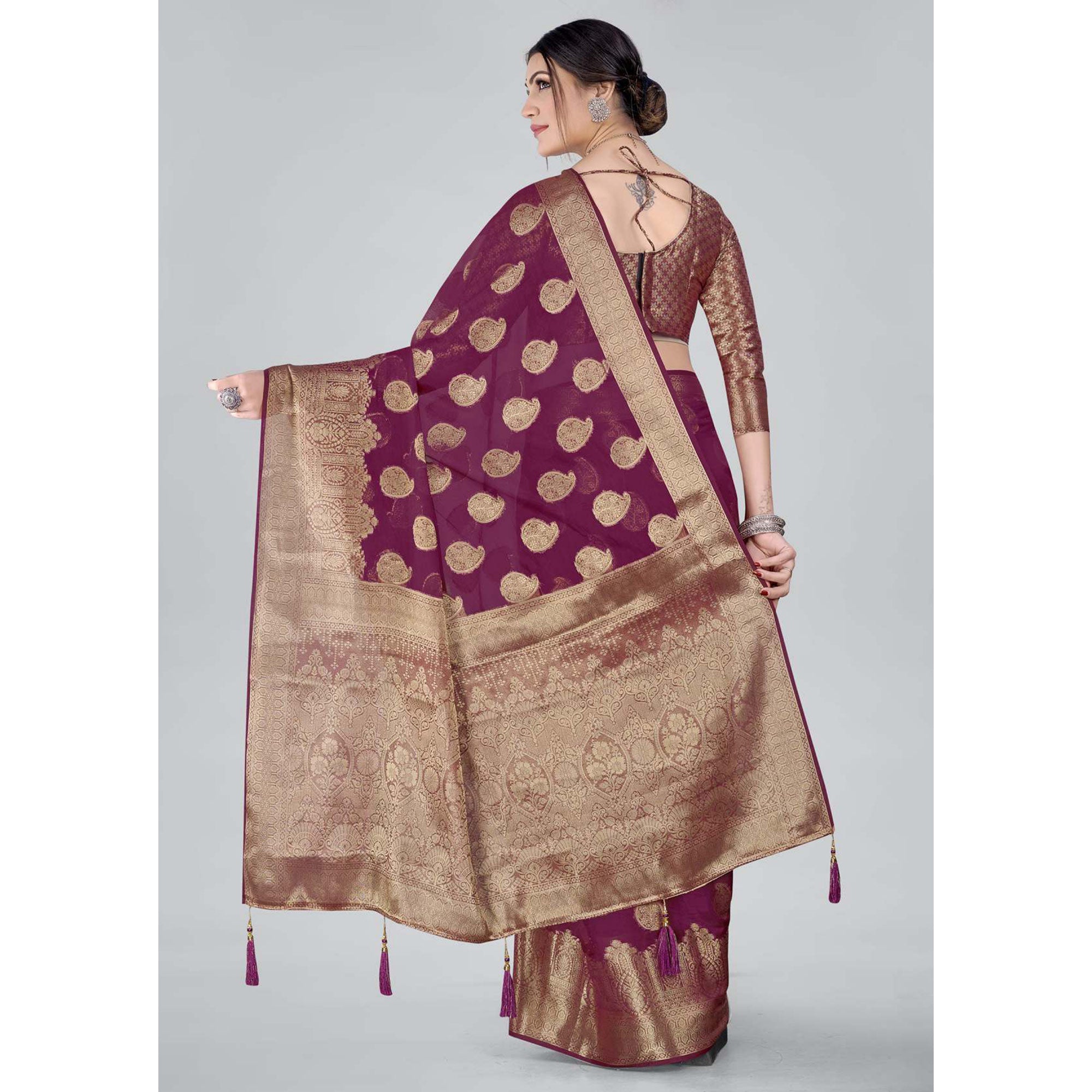 Purple Woven Organza Saree With Tassels