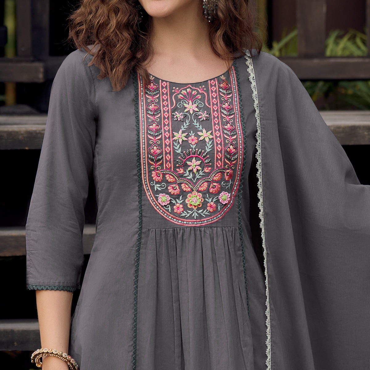 Grey Embroidered Pure Cotton Suit