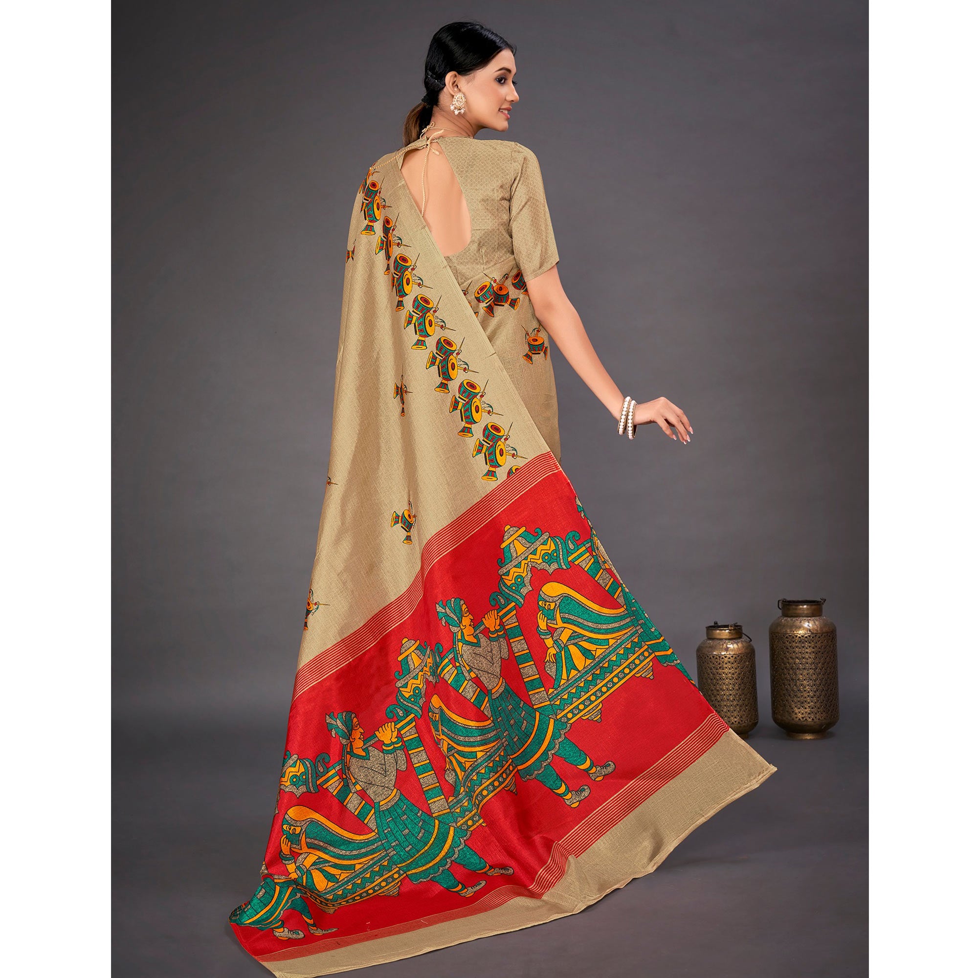 Beige Printed Bhagalpuri Silk Saree