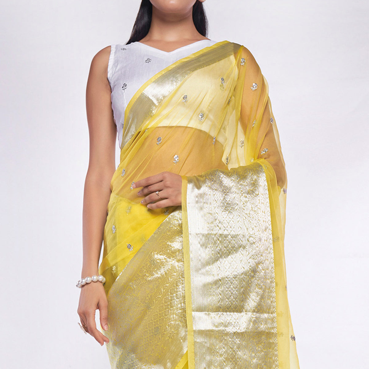 Lemon Yellow Sequins Floral Embroidered Organza Saree