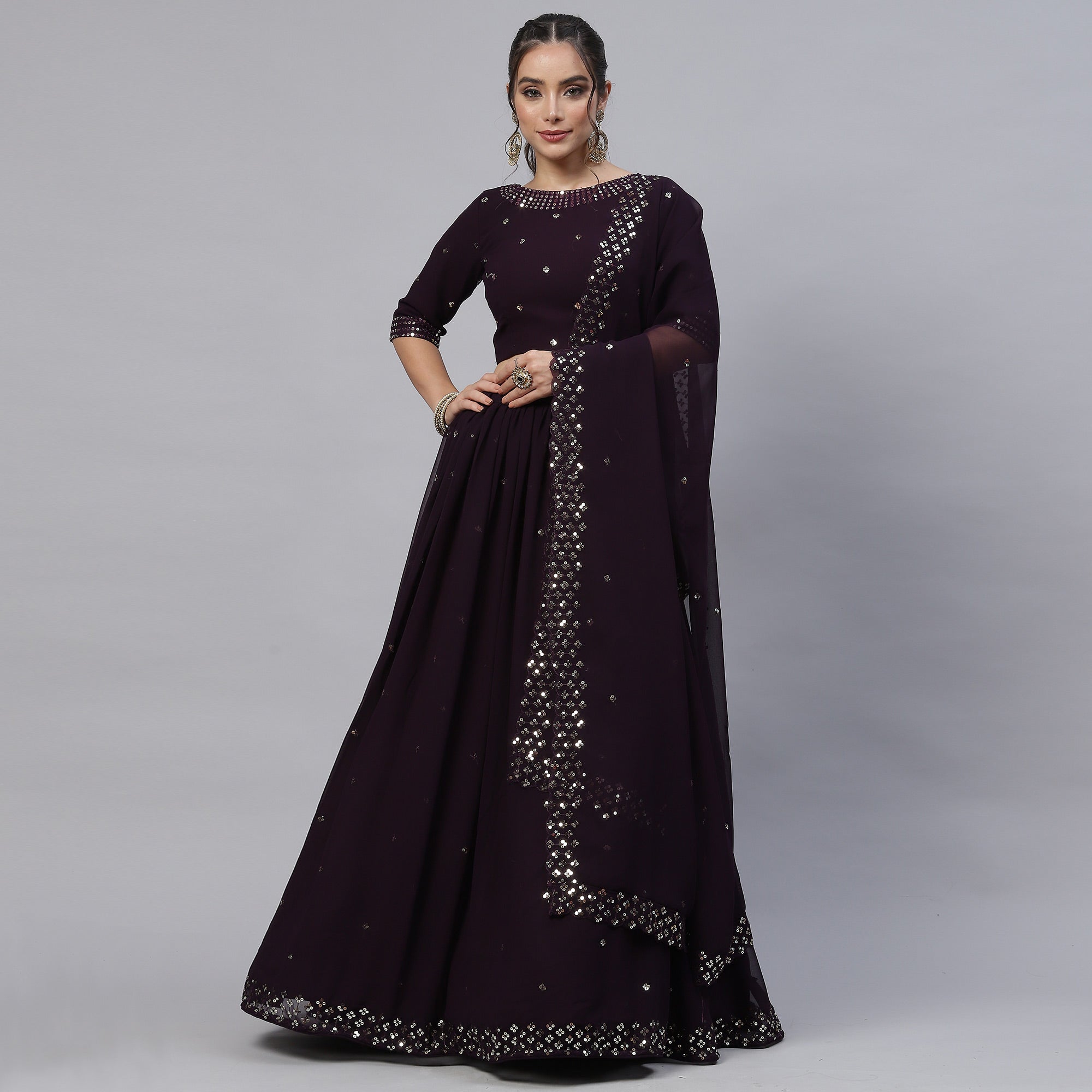 Dark Purple Sequins Embroidered Georgette Lehenga Choli