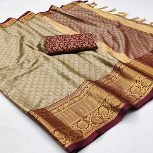 Chikoo Printed And Woven Cotton Silk Saree With Tassels