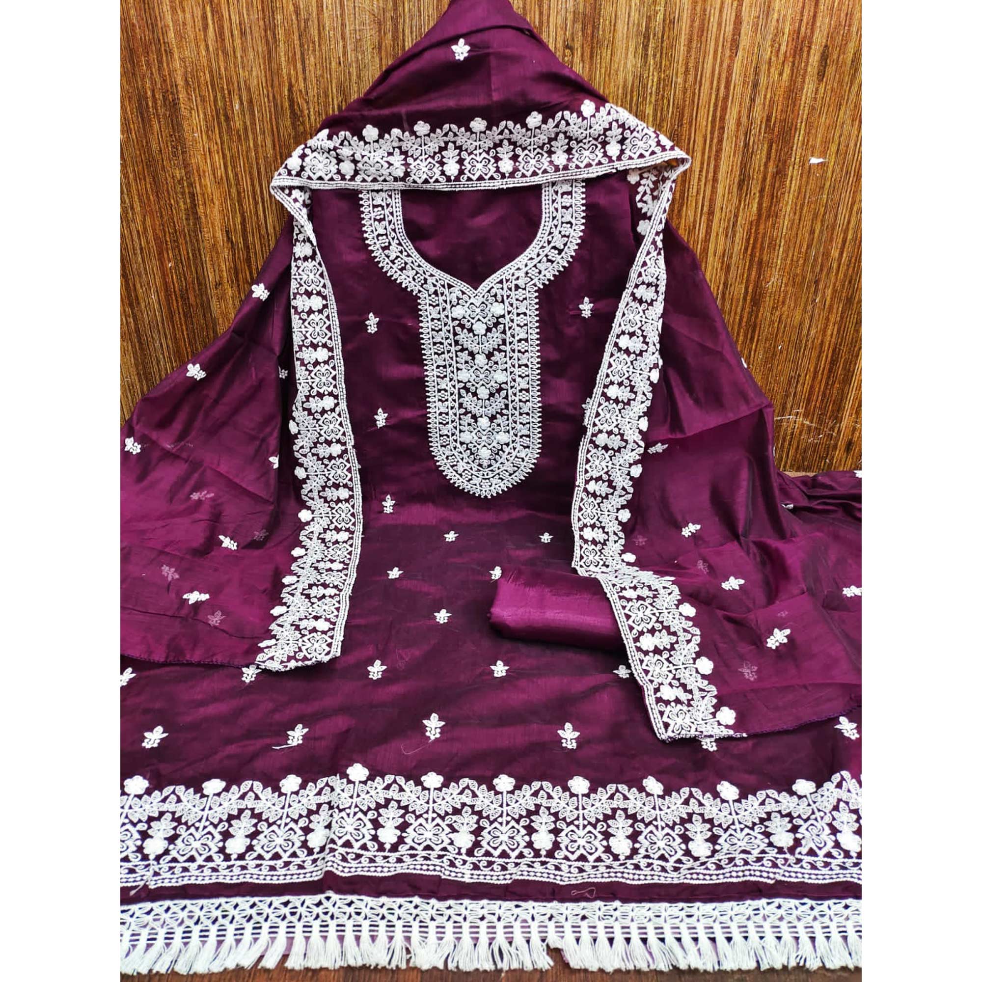 Wine Lucknowi Embroidered Modal Dress Material