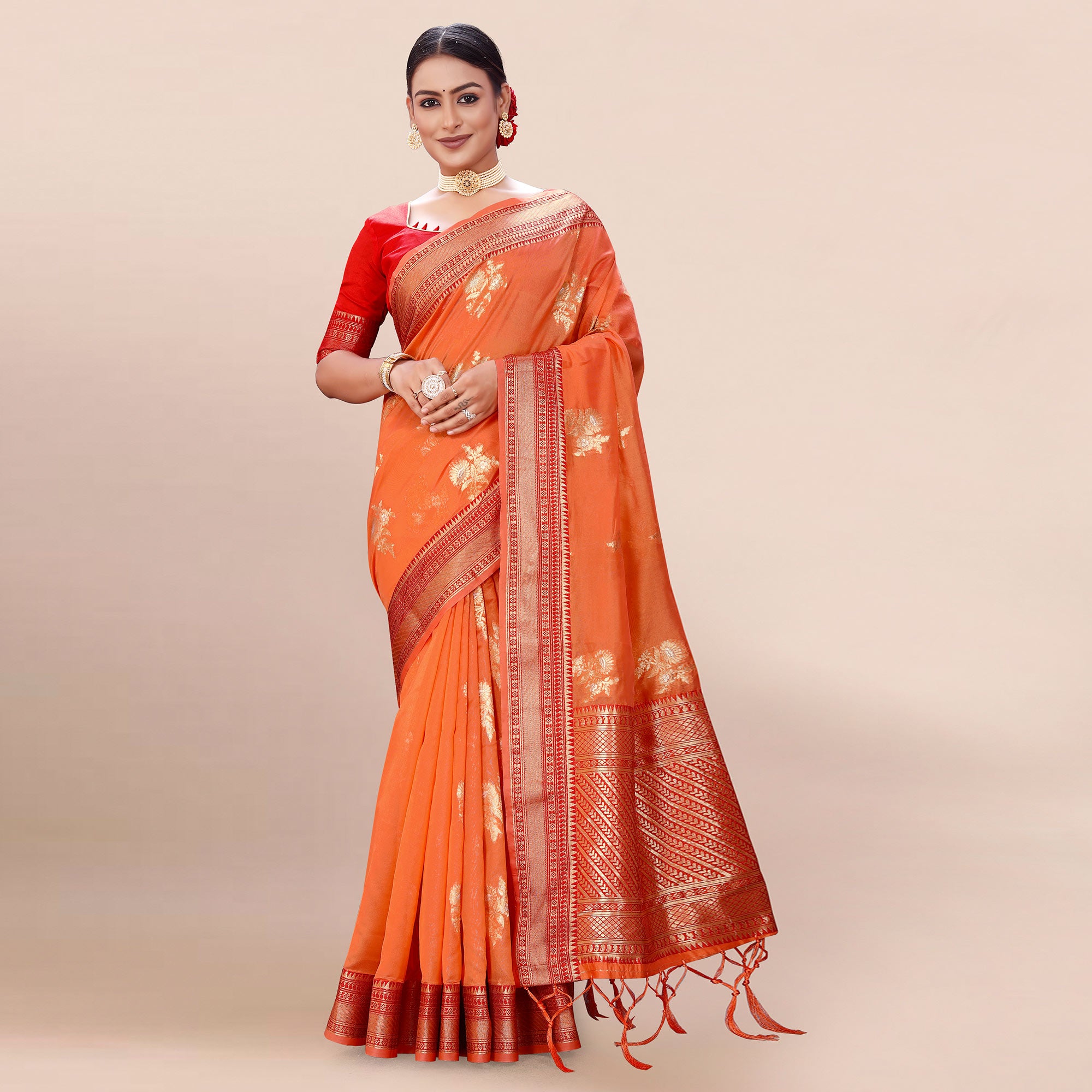 Orange Woven Organza Saree With Tassels