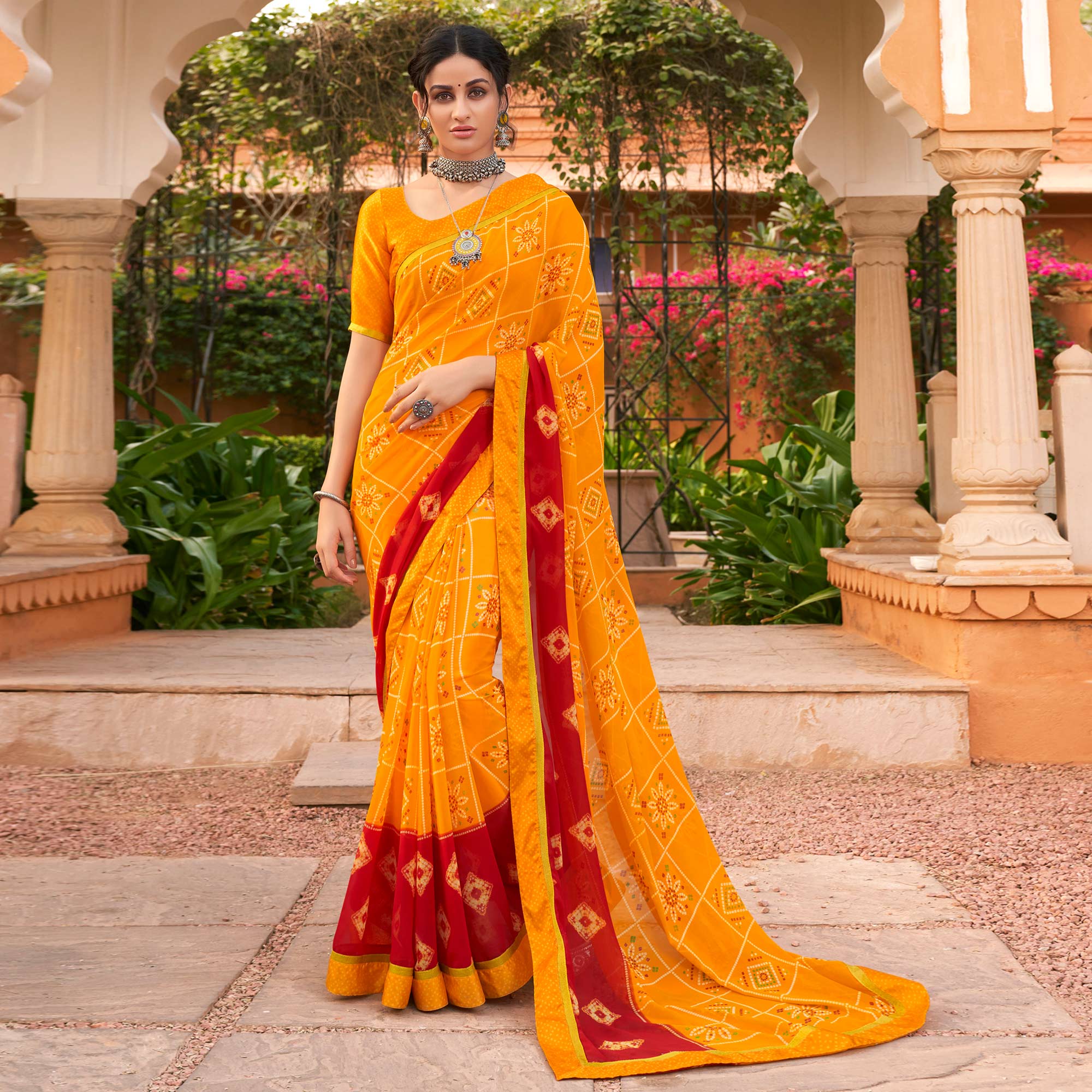 Mustard Bandhani Printed Georgette Saree