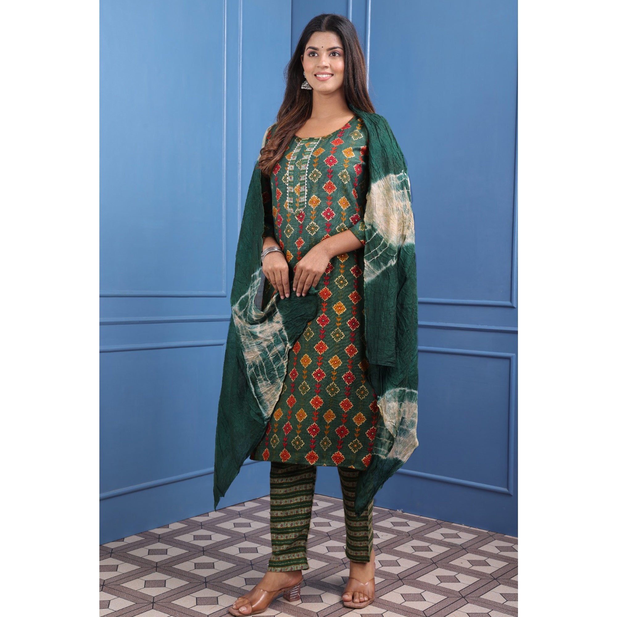 Green Floral Foil Printed Rayon Suit