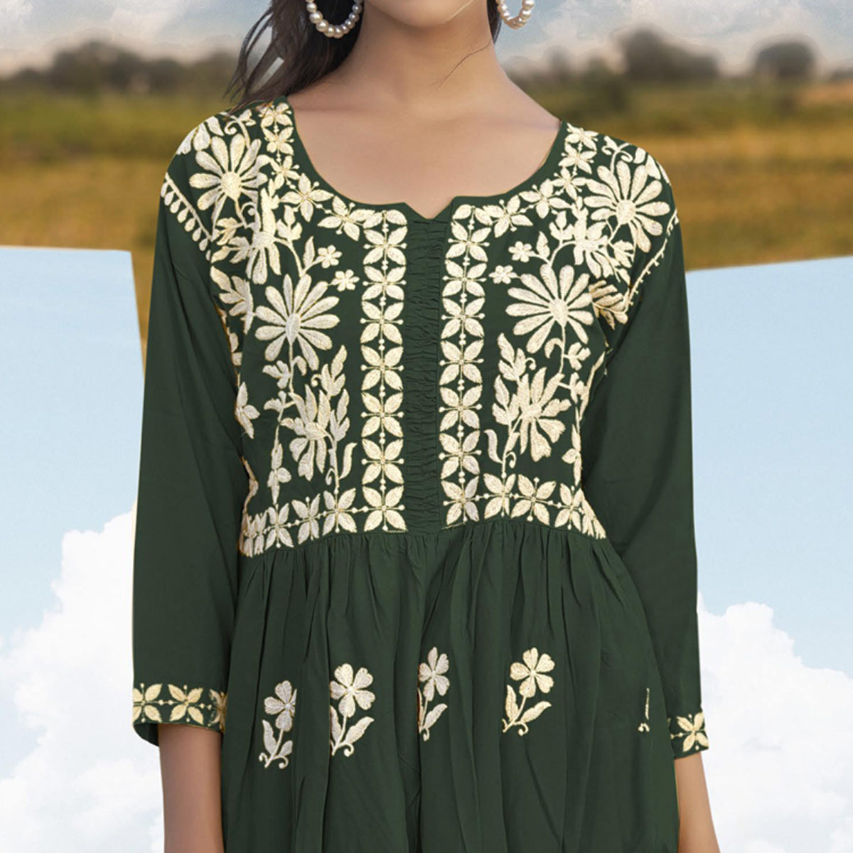 Green Lucknowi Embroidered Rayon Tunic