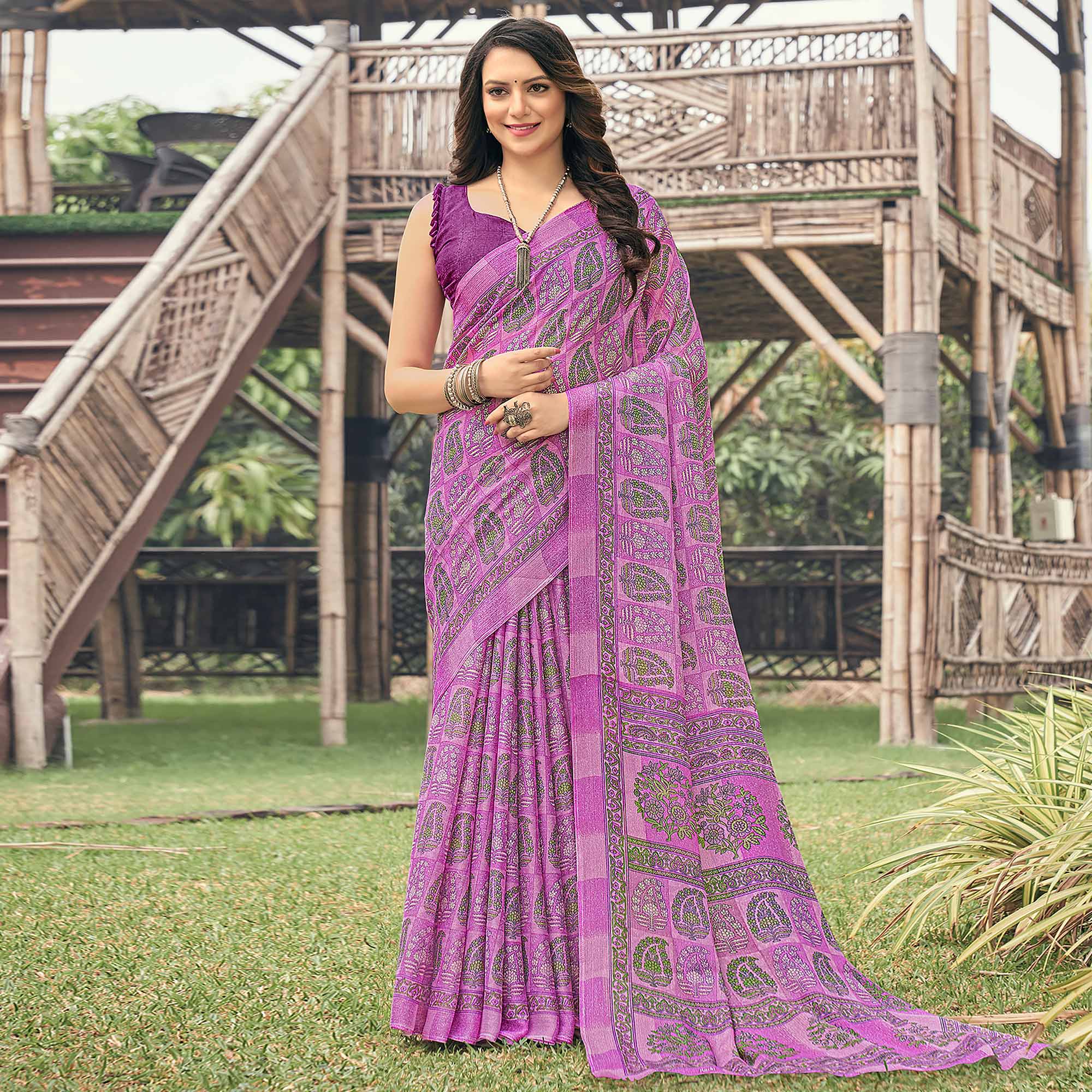 Violet Printed Chiffon Saree