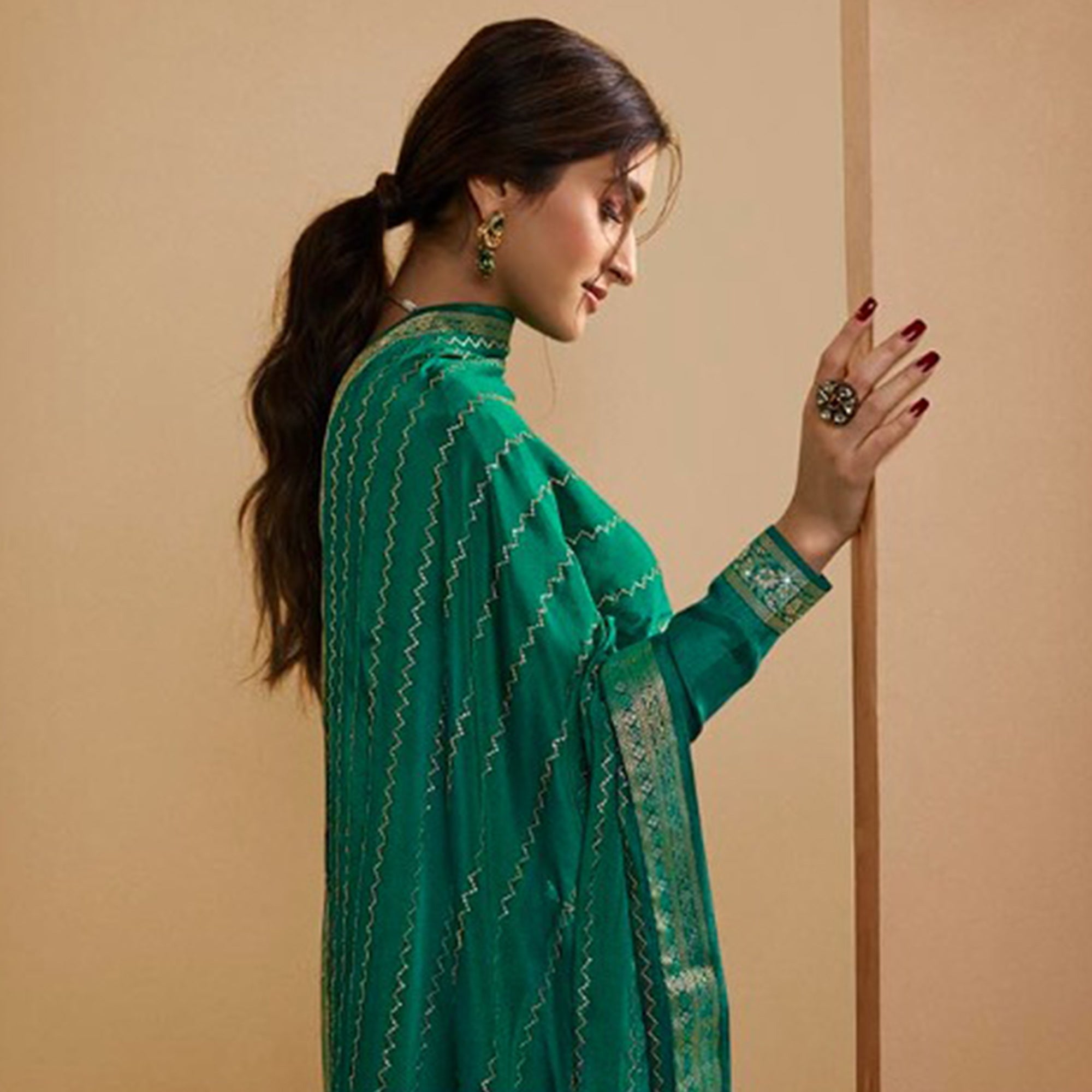 Green Woven And Embroidered Dola Silk Palazzo Suit