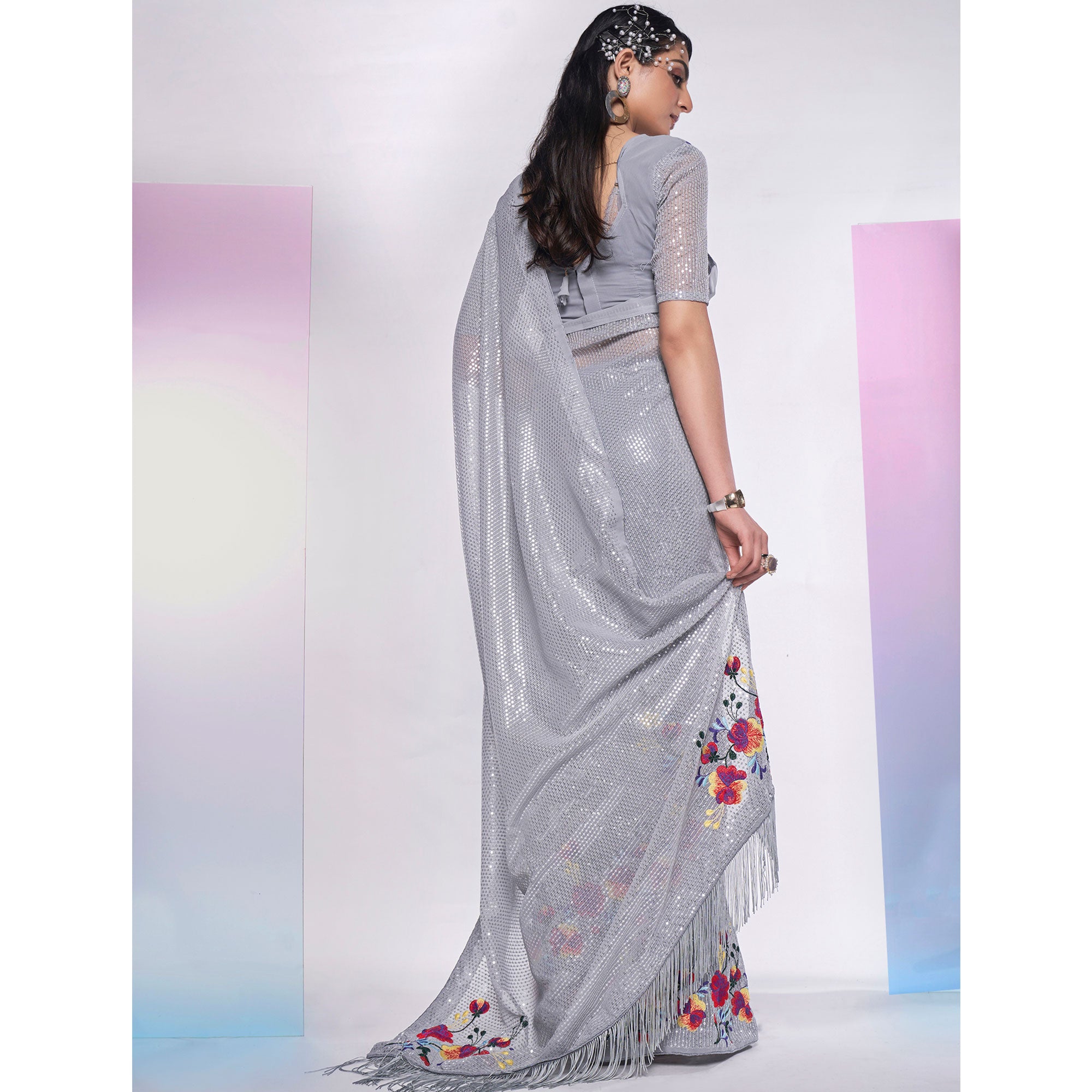 Grey Sequins Embroidered Georgette Saree