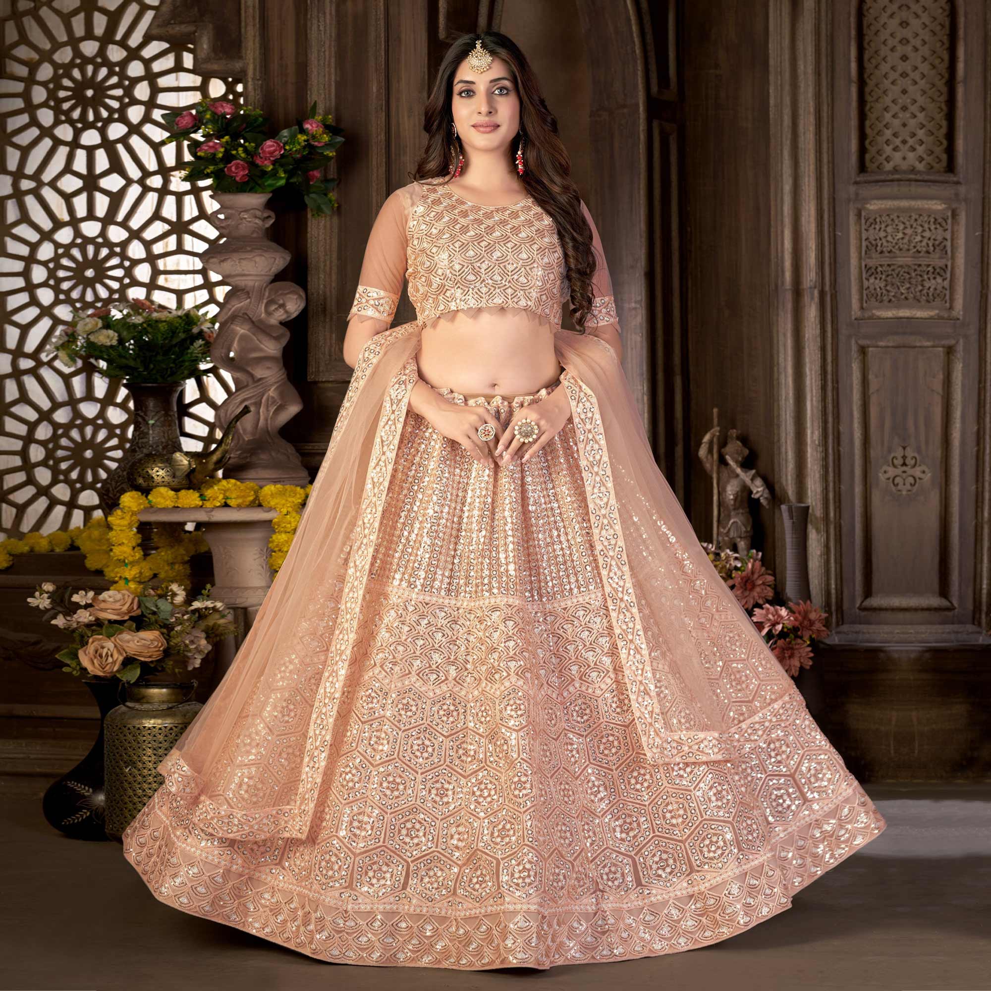 Brown Sequins Embroidered Netted Lehenga Choli