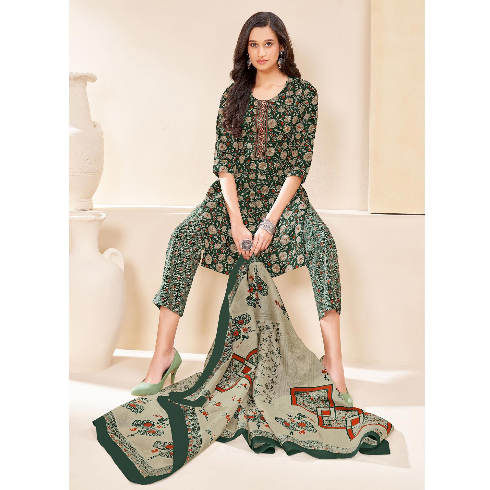 Green Printed With Tie Embroidered Pure Cotton Suit