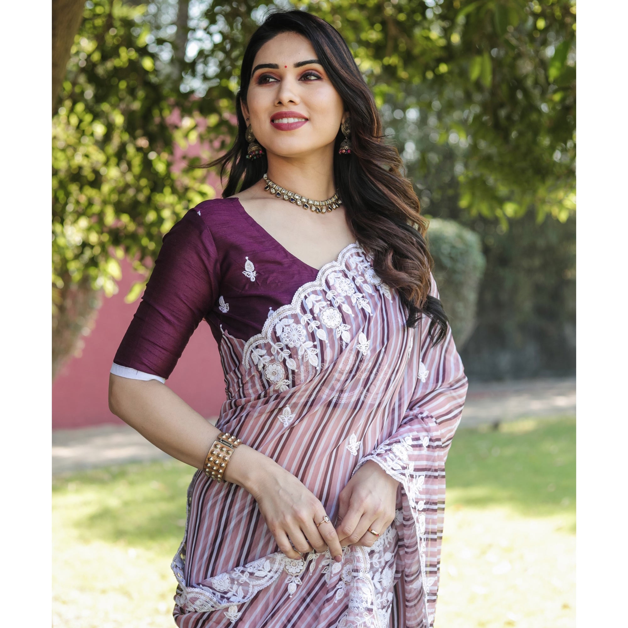 Wine Digital Printed With Embroidered Organza Saree