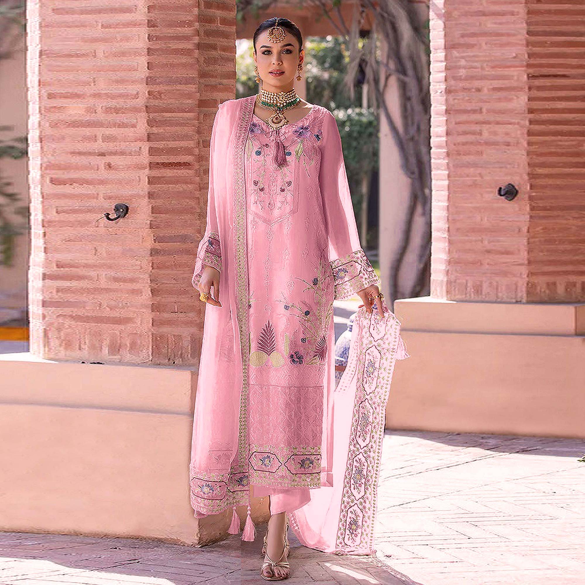 Pink Embroidered Georgette Pakistani Suit