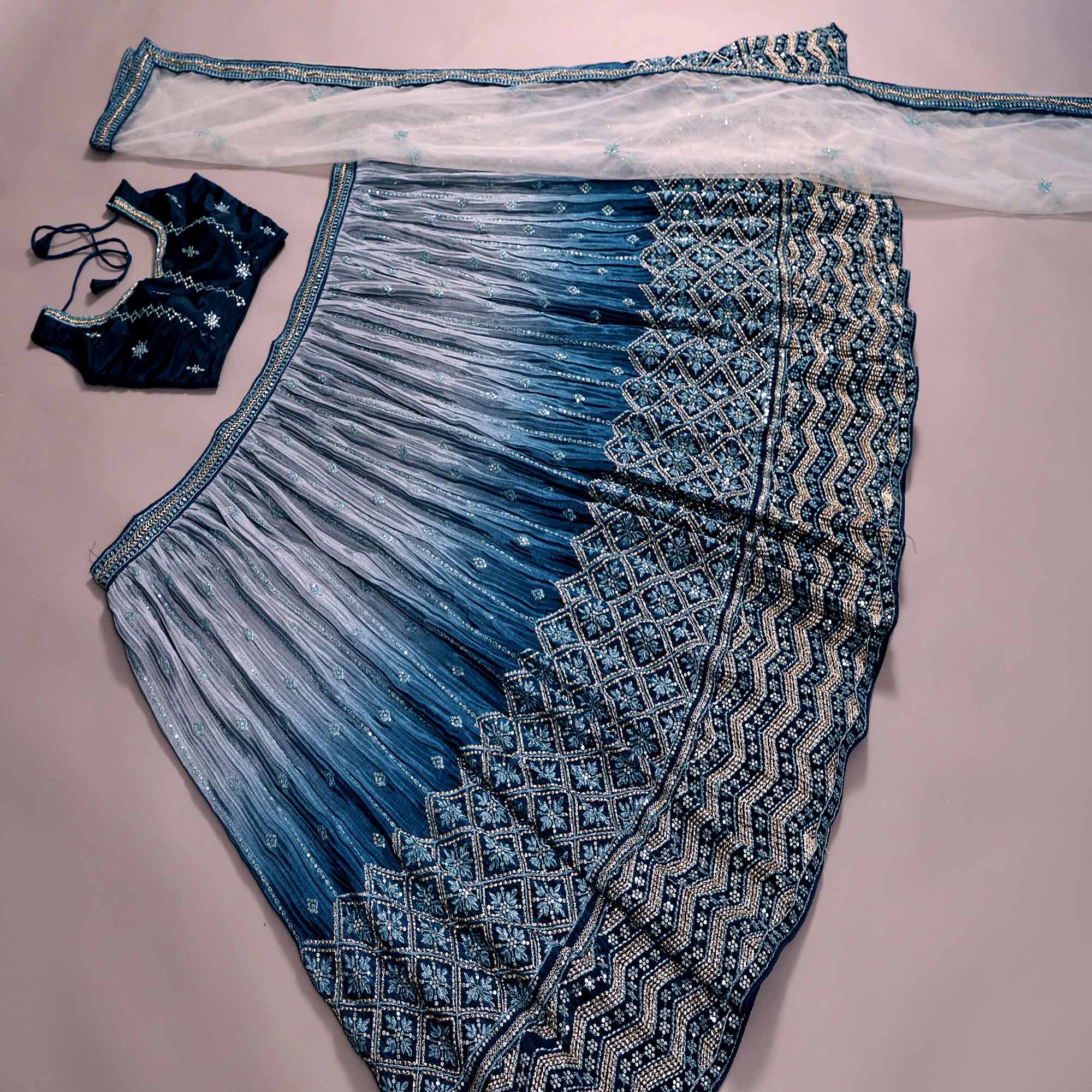 Blue Sequins Embroidered Satin Lehenga Choli