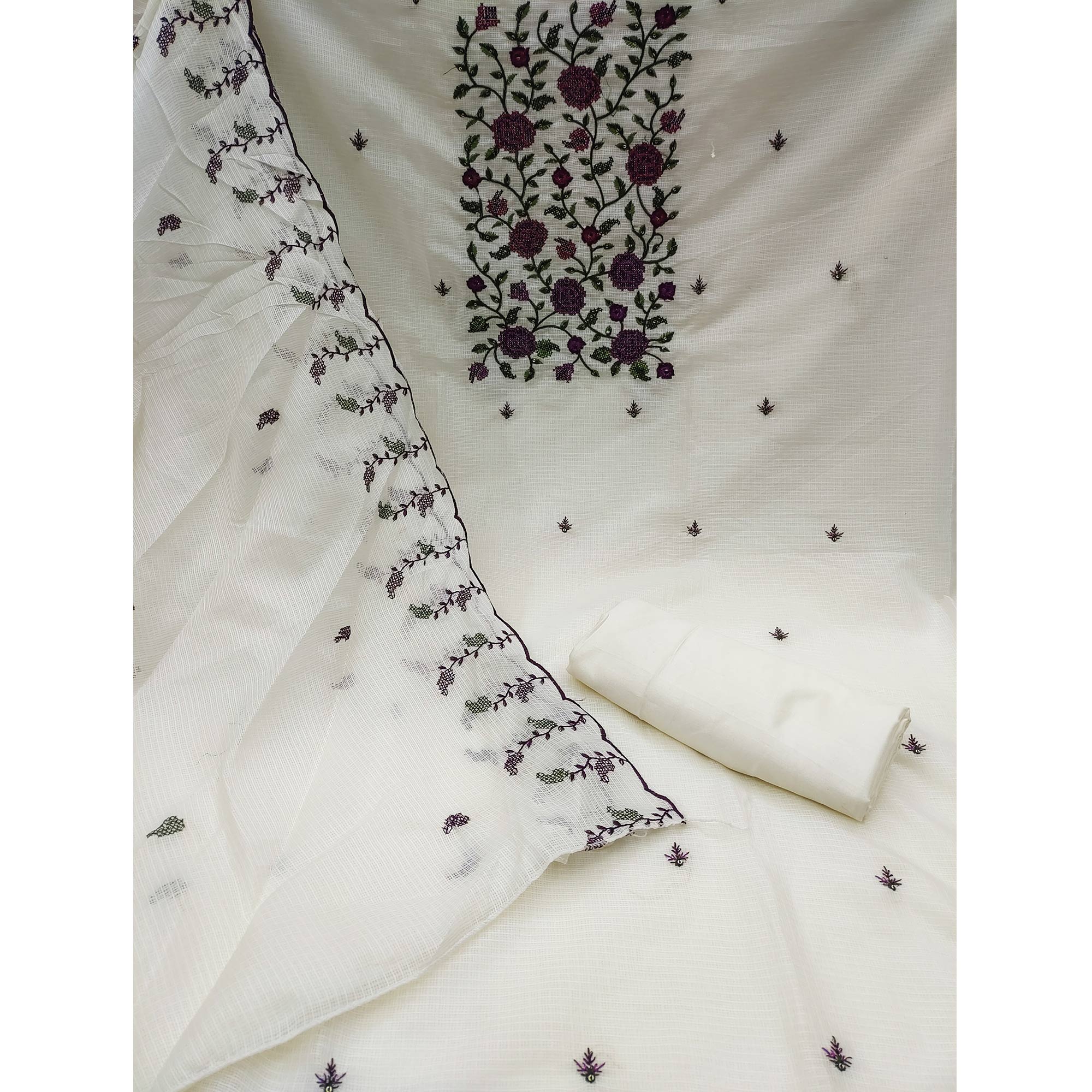 White Floral Sequins Embroidered Kota Doria Dress Material
