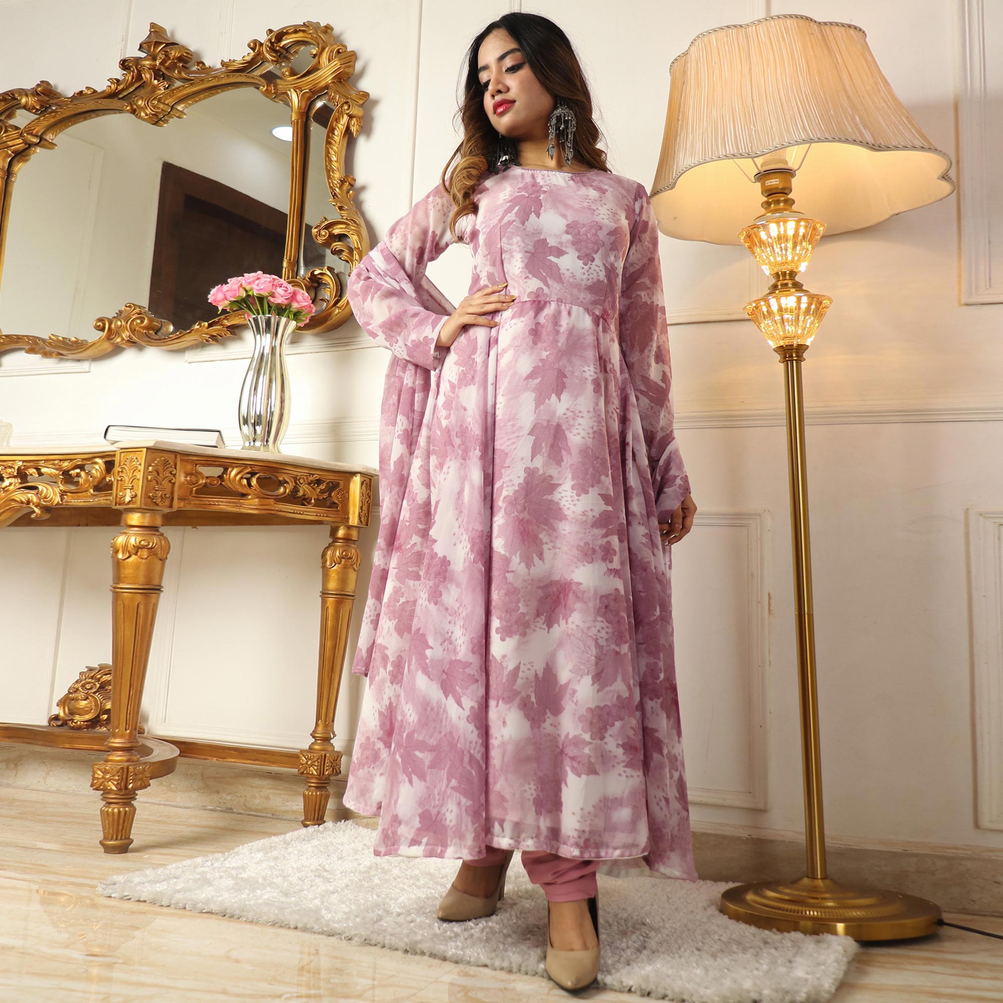 Purple Floral Printed Georgette Anarkali Suit