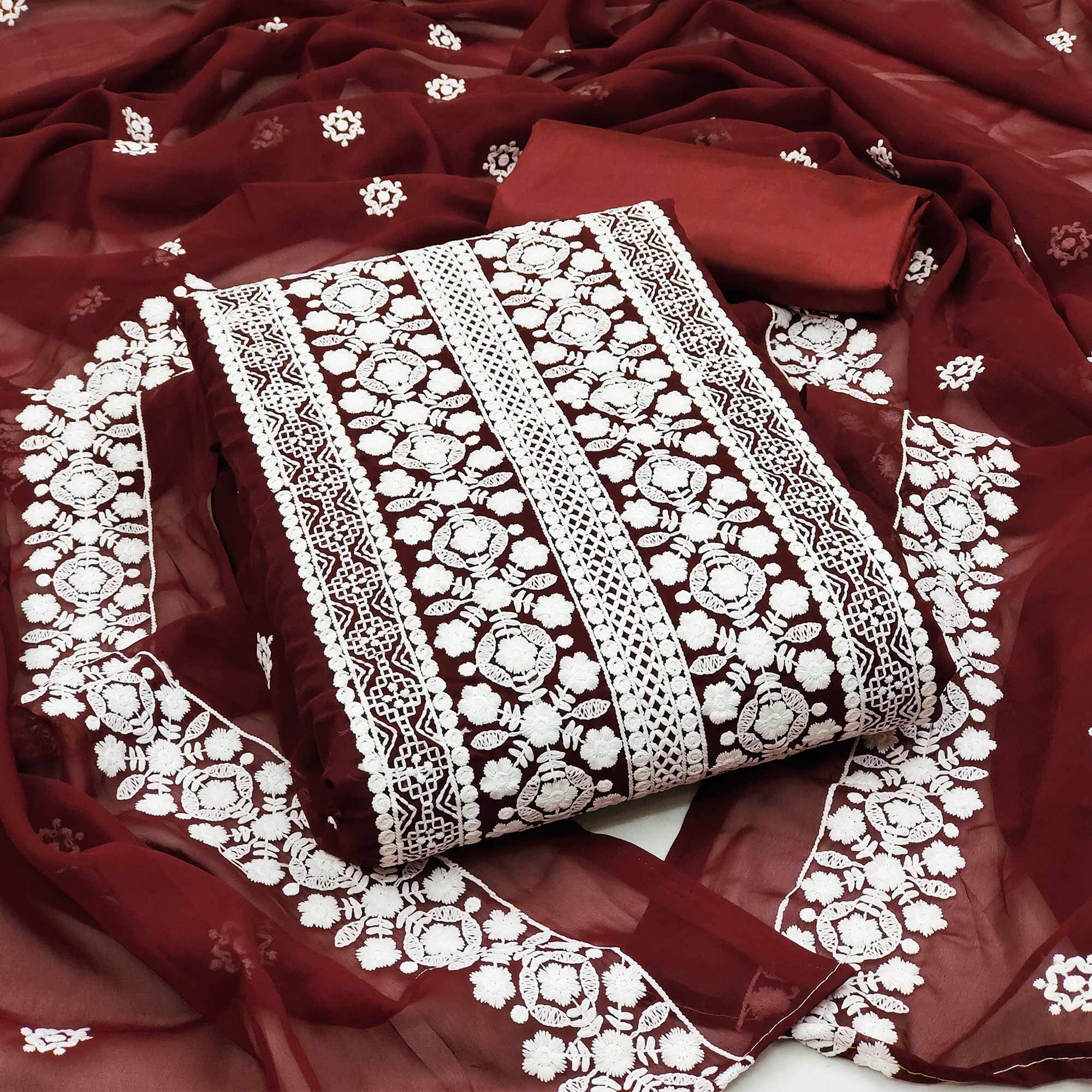 Maroon Lucknowi Embroidered Georgette Dress Material