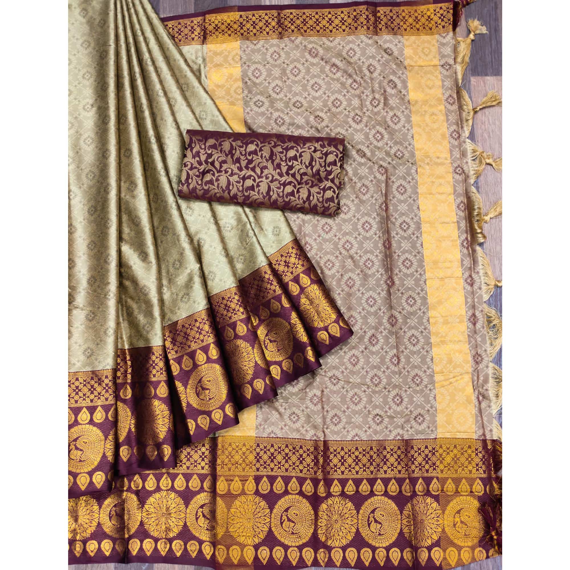 Chikoo Woven Cotton Silk Saree With Tassels