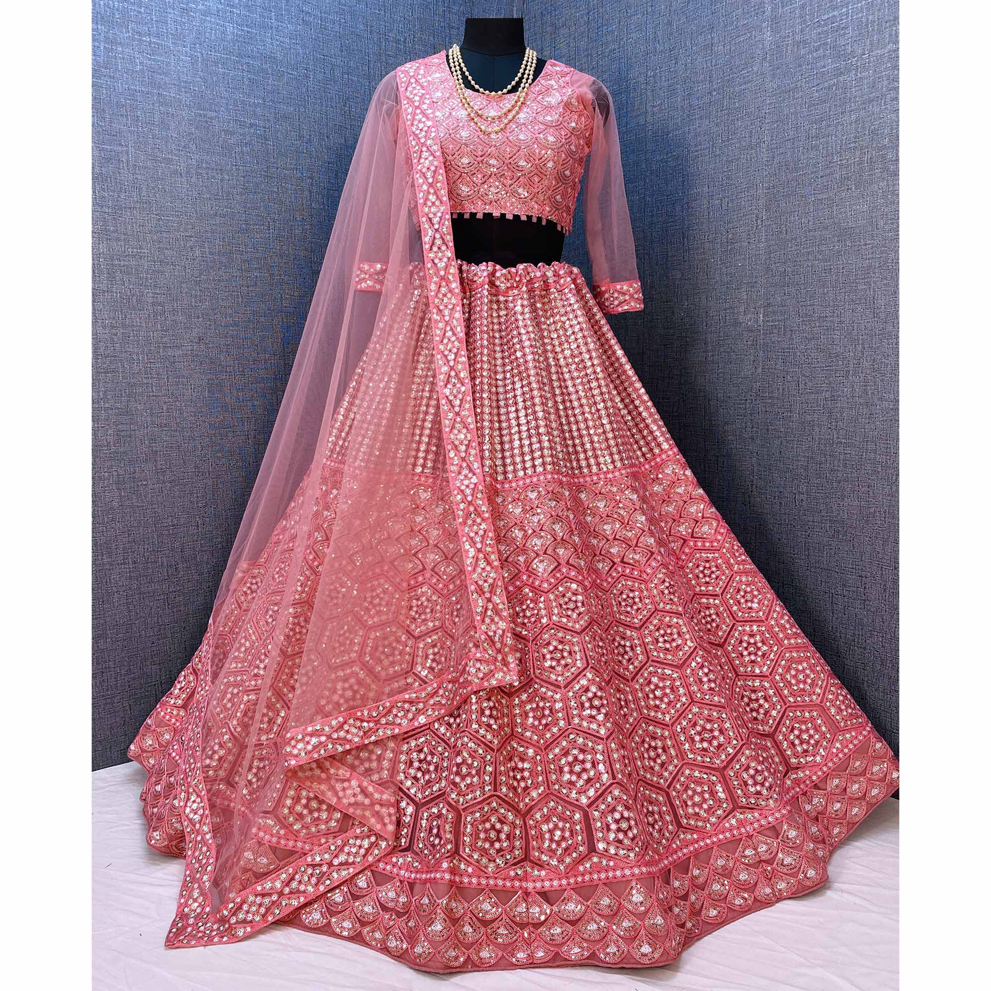 Pink Sequins Embroidered Netted Lehenga Choli