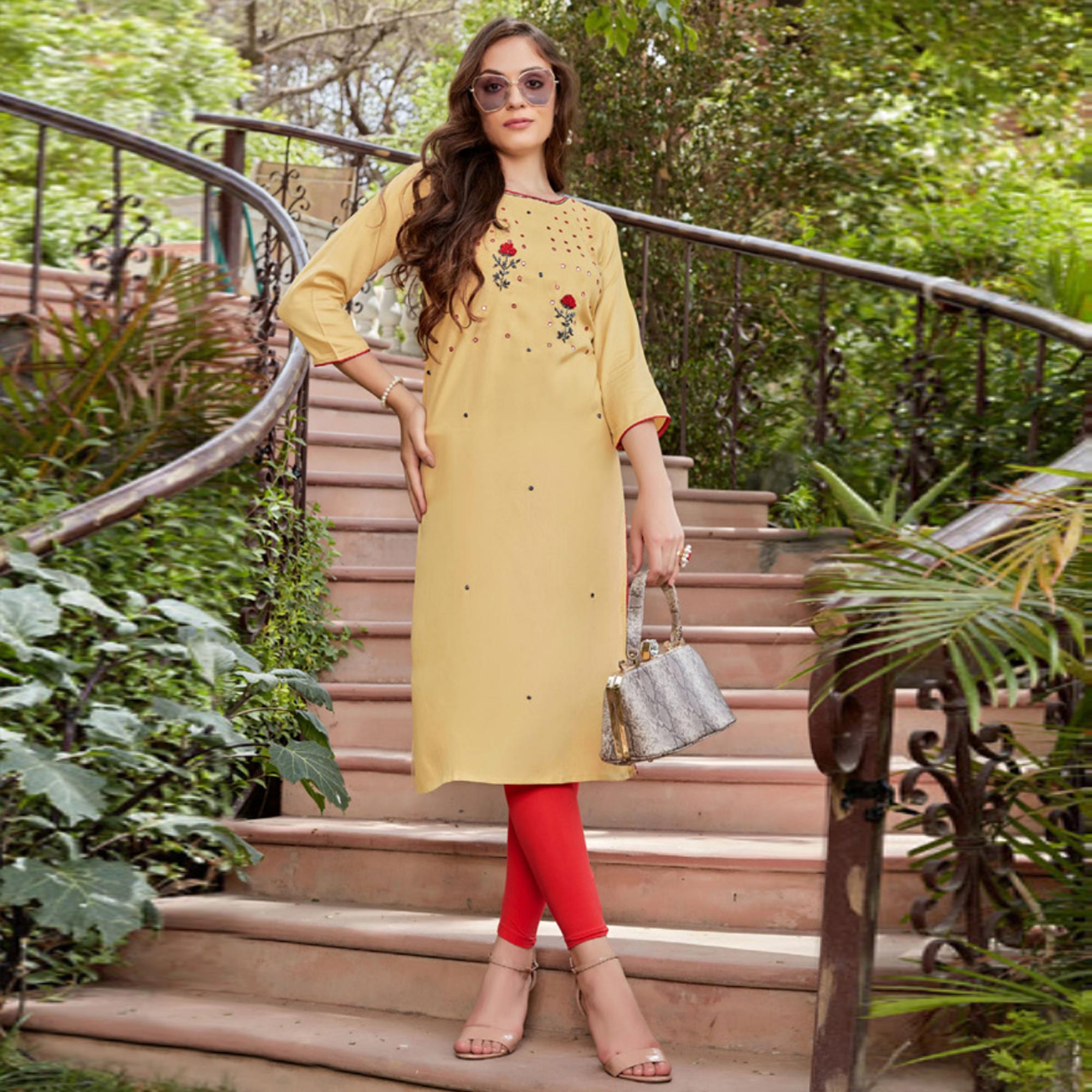 Light Yellow Embroidered Rayon Kurti