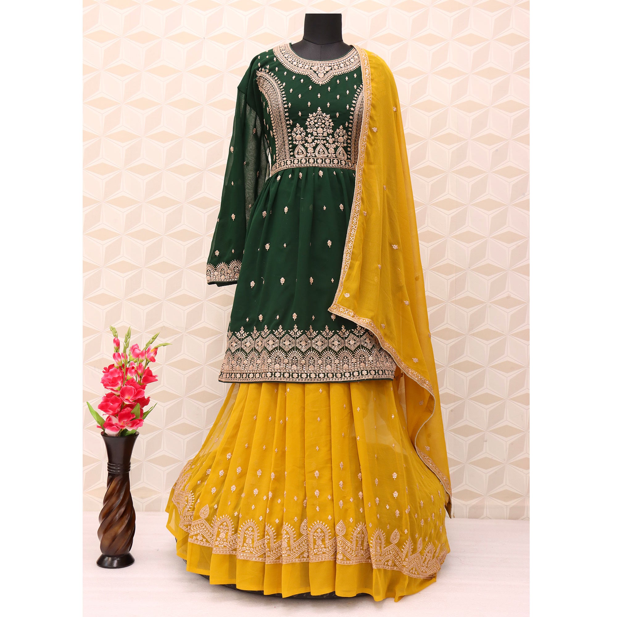 Green Floral Embroidered Georgette Sharara Suit
