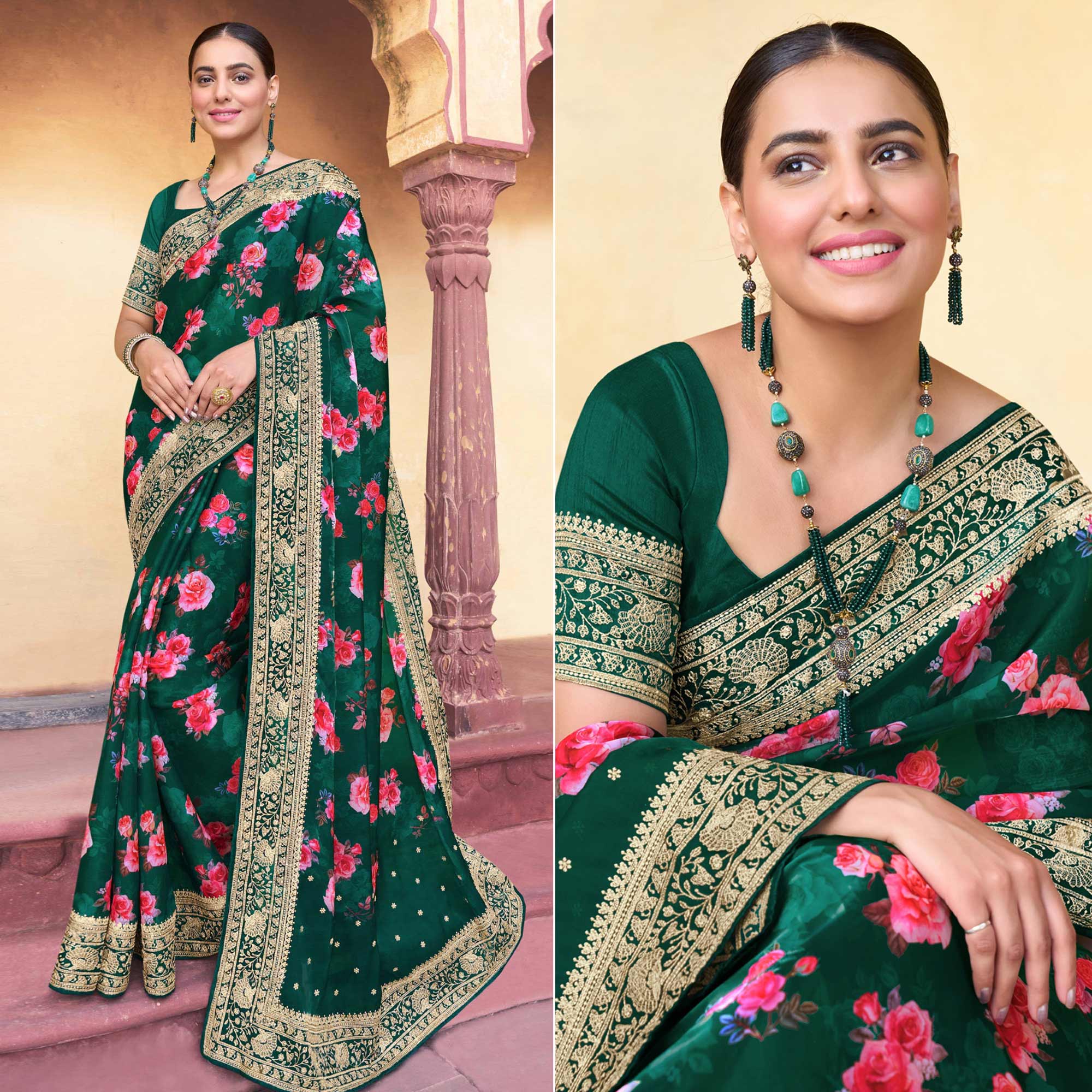 Green Floral Printed With Embroidered Organza Saree