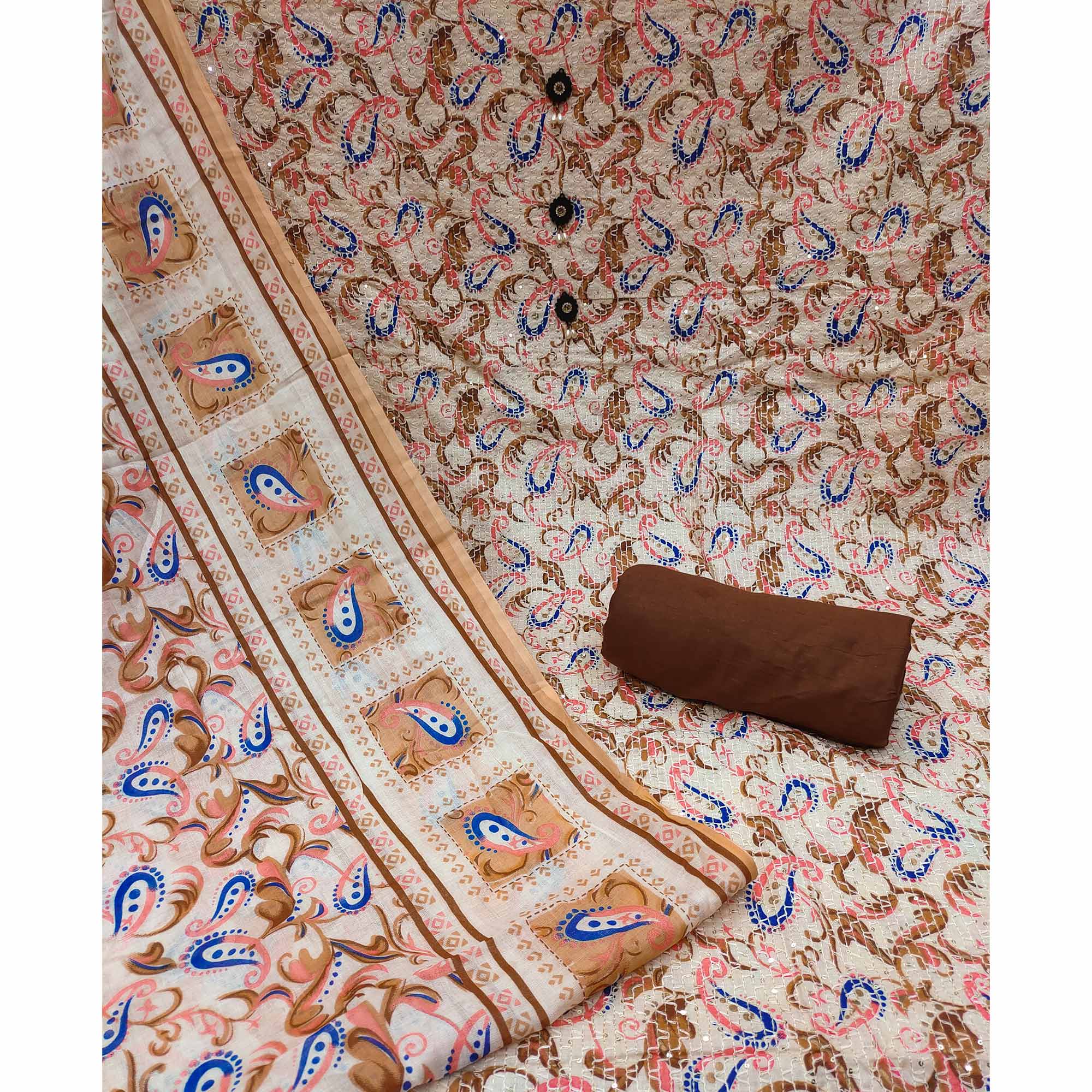Cream-Blue Printed & Embroidered Pure Cotton Dress Material