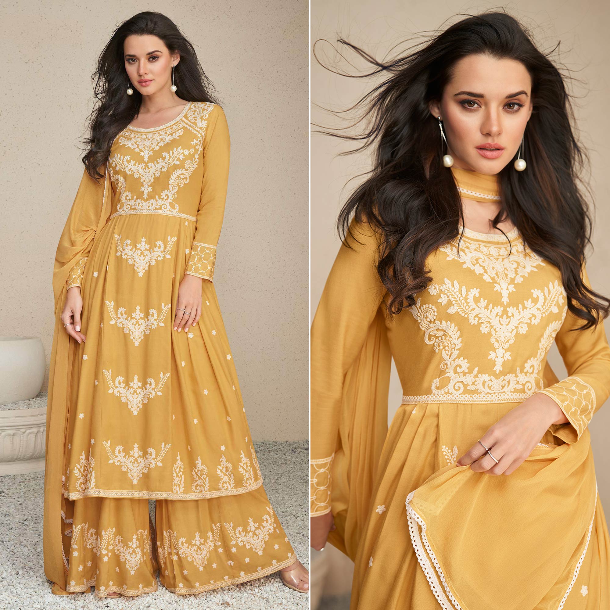 Mustard Lucknowi Embroidered Rayon Palazzo Suit