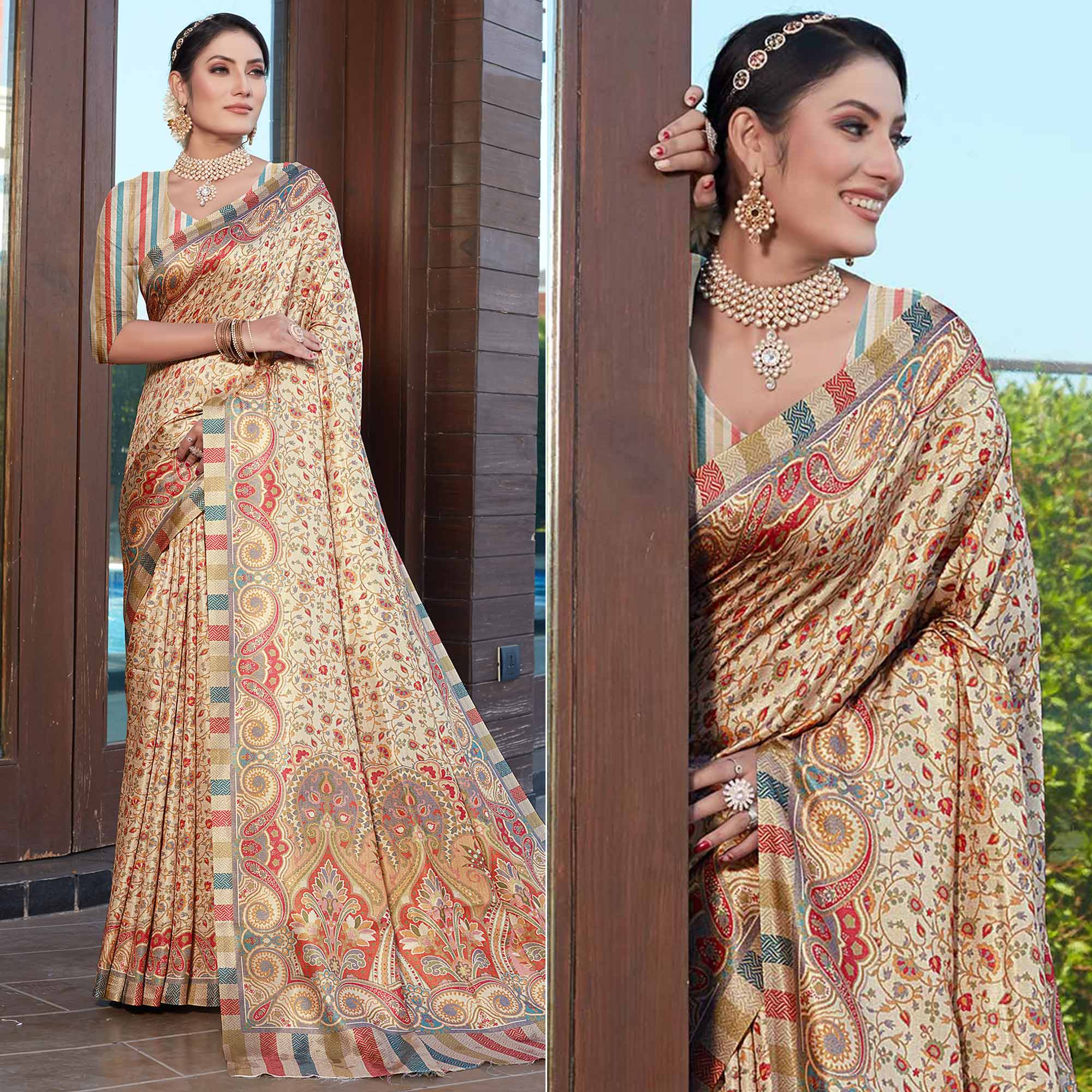 Cream Digital Printed Pashmina Saree