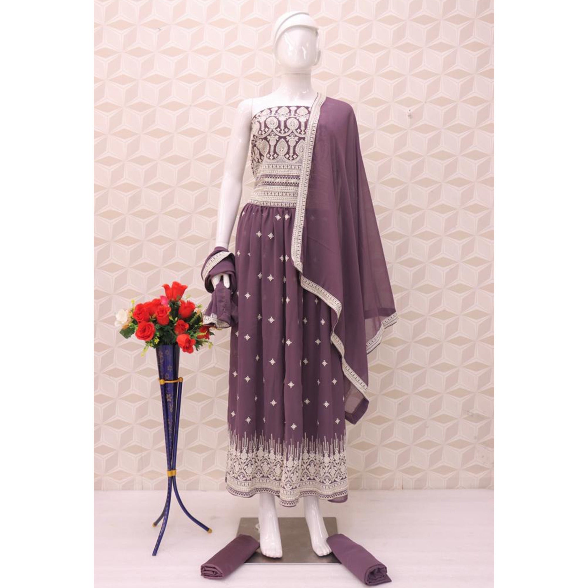 Purple Embroidered Georgette Naira Cut Palazzo Suit