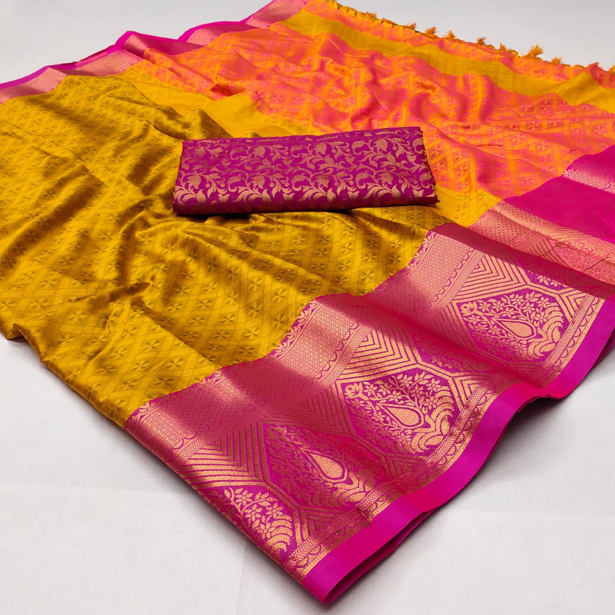 Gold Woven Cotton Silk Saree With Tassels