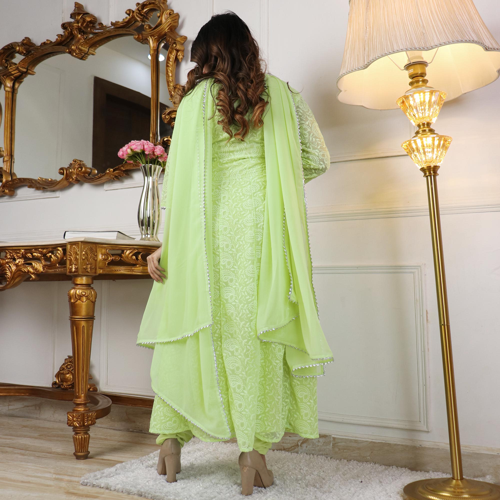 Pista Green Chikankari Work Georgette Anarkali Suit