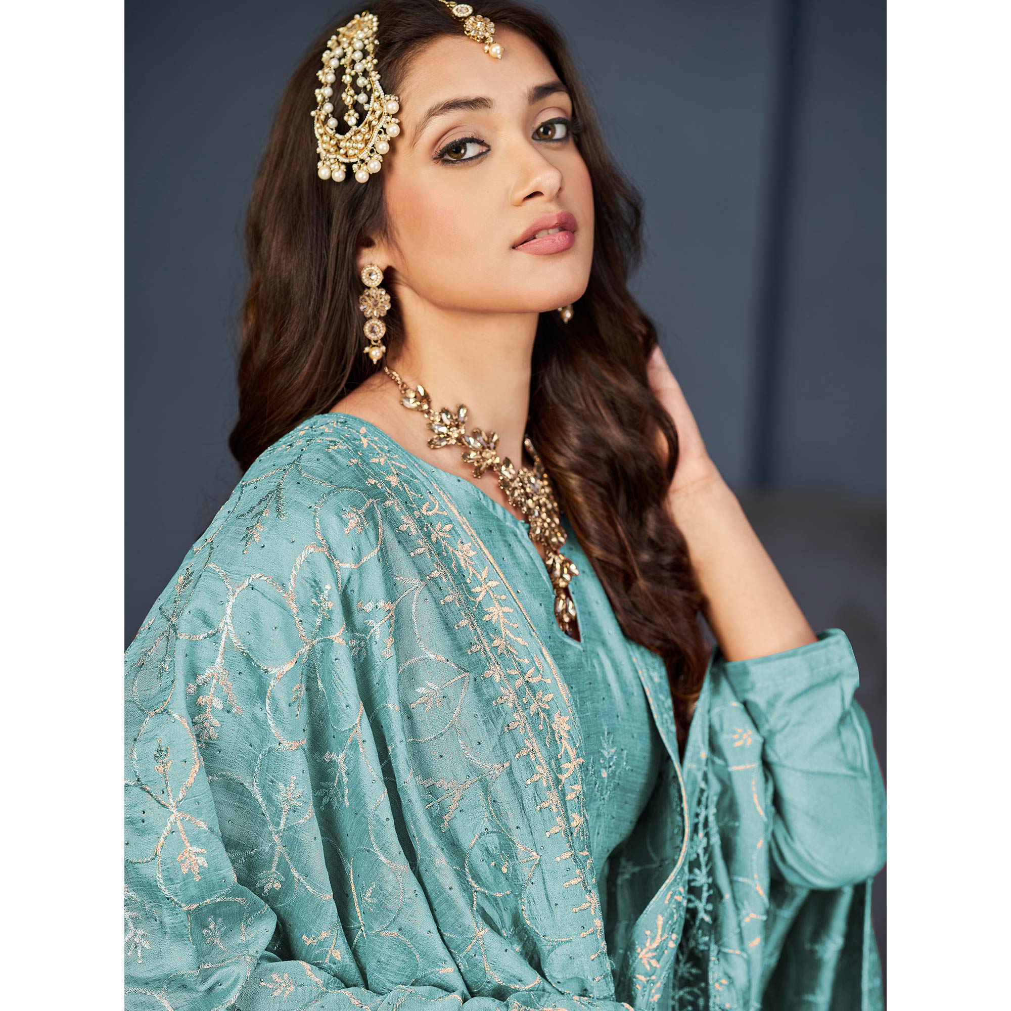 Sky Blue Sequins Embroidered Dola Silk Suit